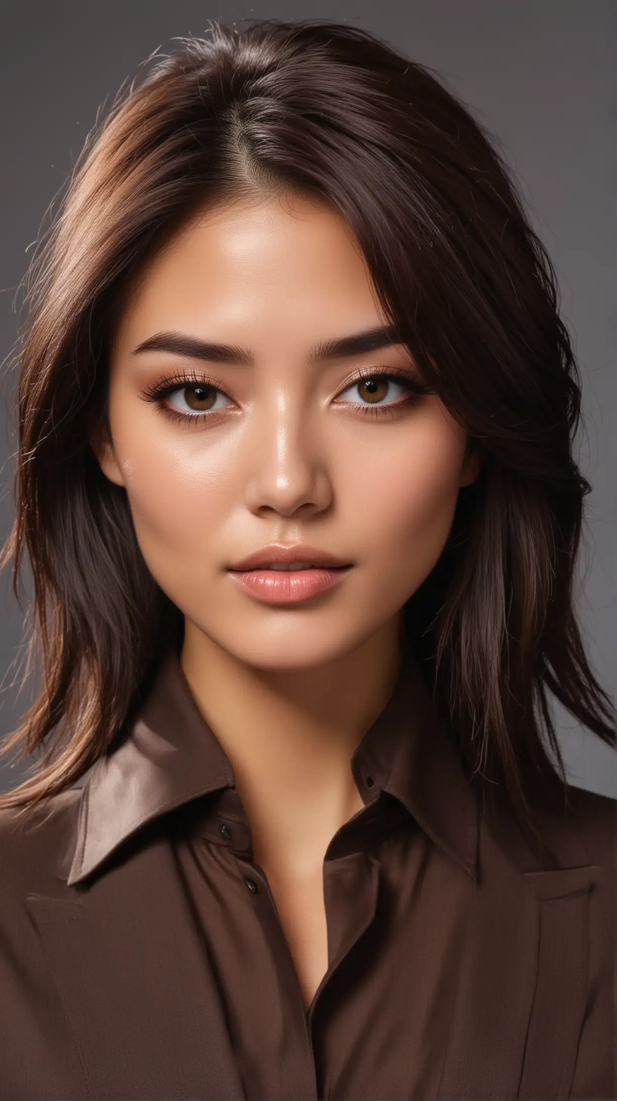 Beautiful female model without freckles, hairstyle - Asian elegance in rich chocolate layers, chocolate brown hair color, dark eyes, oval face, age 30, professional suit