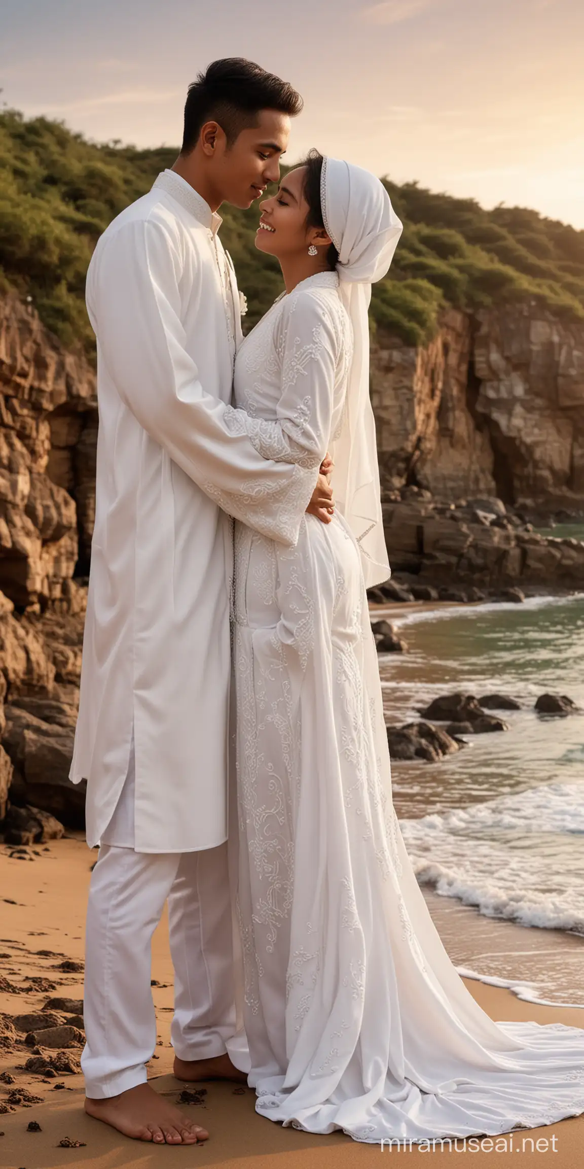 photography, realistic, photo of A handsome boy aged (25) Indonesian muslim and a beautiful girl aged (20) years with a dramatic and graceful pose.  The girl was wearing a great and detailed white loosly abaya dress, leaning back, and a guy wearin best Tuxedo, hugging her.  They are on a quiet beach, little rocky terrain to the left, and the words " Rony & Sri " above with the quote " A Great Successful Marriage ", with sunrise in the backround, cinematic.