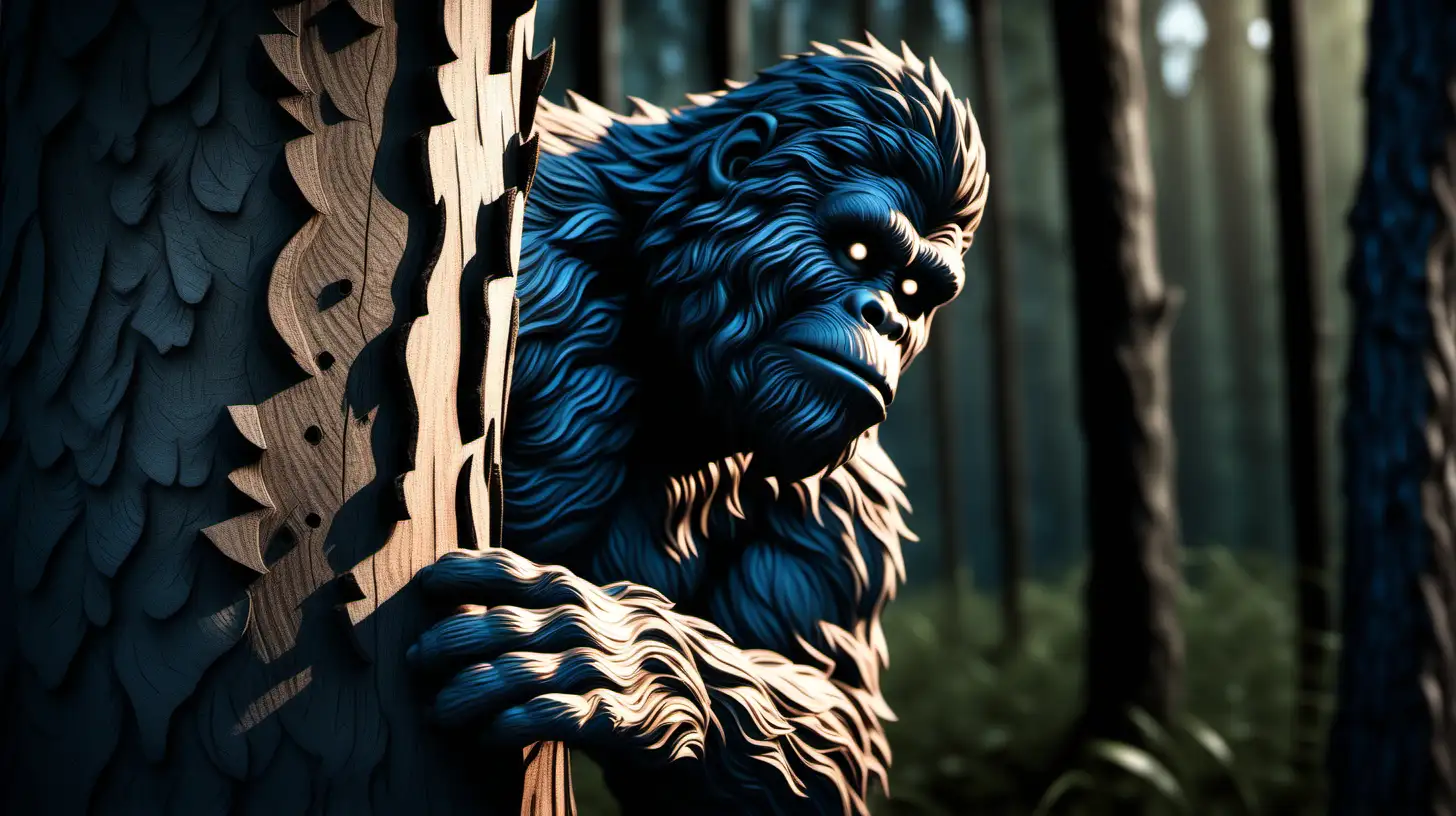 Elusive Bigfoot Silhouette Peeking from Dusky Forest Shadows