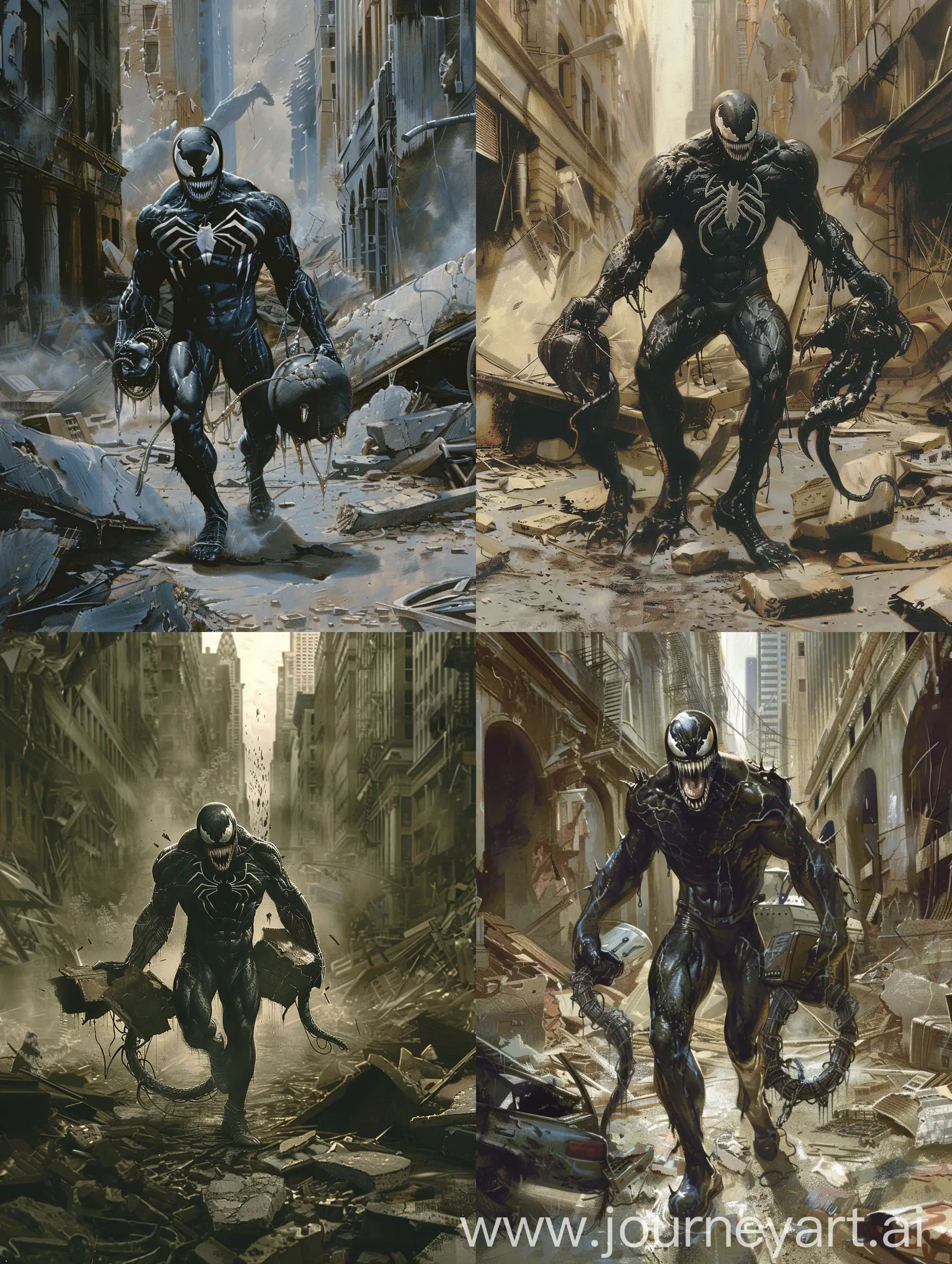 Spider-Man as venom walking through a destroyed New York IN PAIN AND ANGER, HOLDING EXTREMLY HEAVY OBJECTS, dragging them across the floor. In DESTROYED STREET NEW YORK.