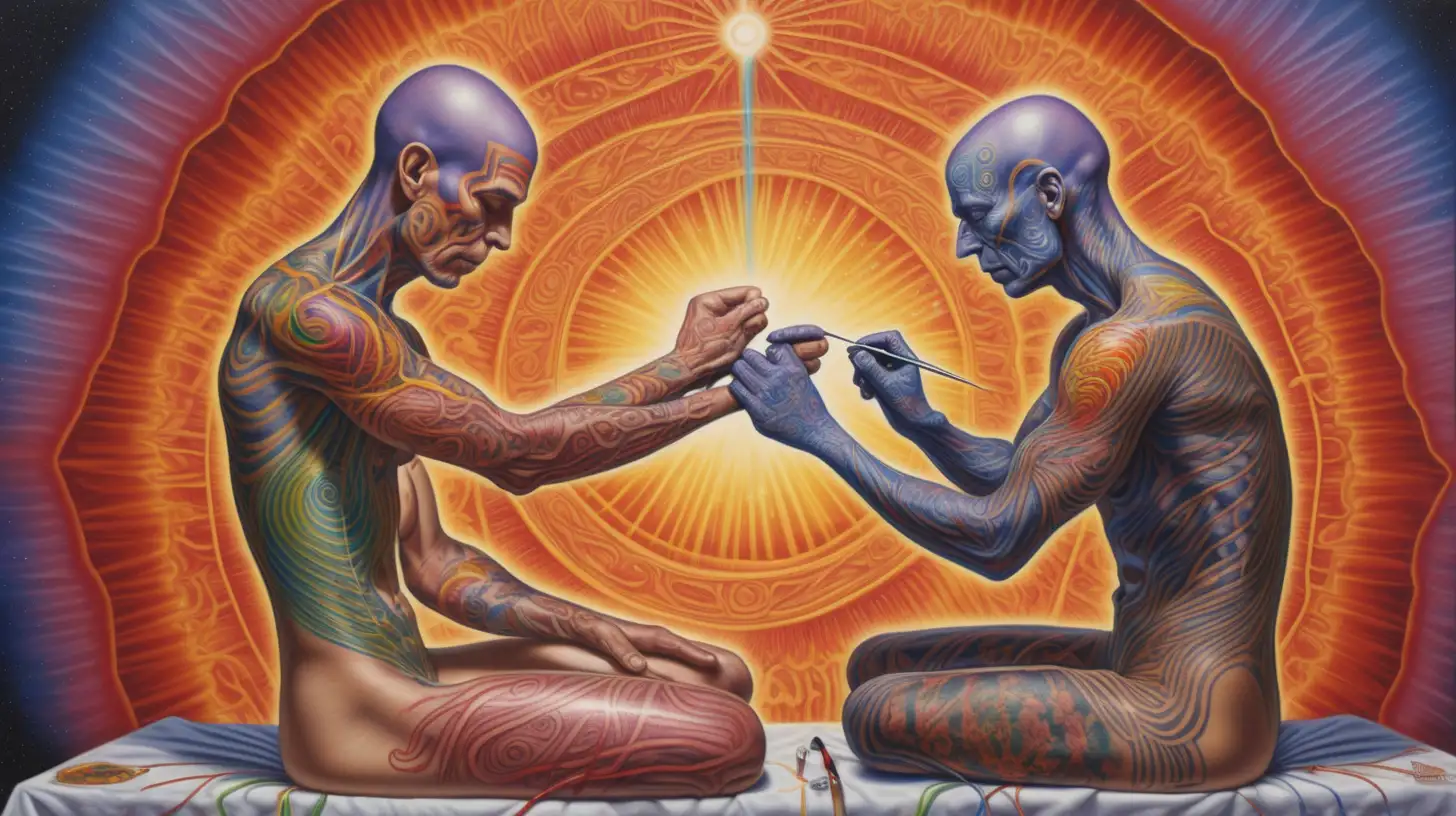 
/imagine prompt :
an oil painting by Alex grey that shows a tattoo artist performing a tattoo in somebody else.
Alex Grey has created this artwork depicting the metaphysical transfer of energy between a tattoo artist and his client during the process of giving a tattoo to him.
The artwork depicts the actual moment of a tattoo needle making contact with skin to transfer ink and the energy comes from the needle to clint's body
However, beyond the physical action shown, there seems to be an underlying energetic exchange or transfer occurring between the tattoo giver and receiver
the artwork shows a body that is sitting and tattooing another body that is lying on ground . Their [bodies are joined]::1 in tattooing area, the place that one of them is [tattooing]::3 another one by a [tattoo machine]::3, and in the point that the needle enters the skin with pulsing bio-electric currents passing from one entity to another by the needle in ribbons of rainbow light. The beings have glowing geometric auras extending out behind them in space. Their energy centers and chakras are linked by vibrant strands forming an infinity symbol, indicating a sacred bond beyond the physical plane.
[oil painting]
[full body]
[Alex Grey]
[highres]