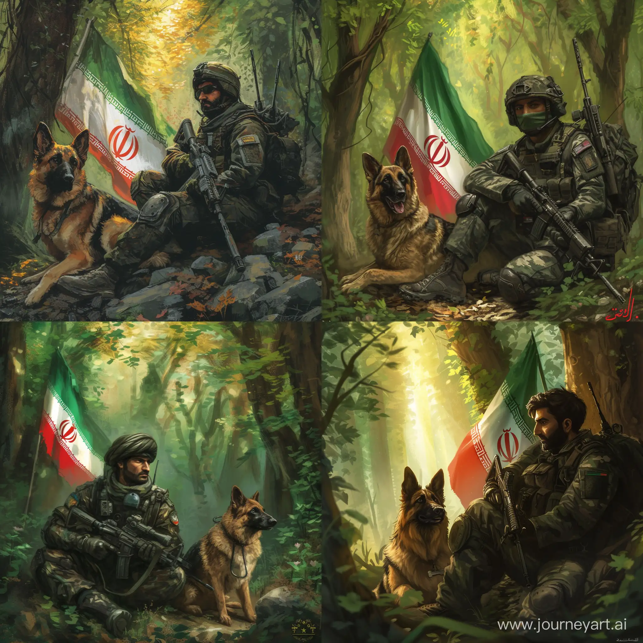 Dedicated-Soldier-with-German-Shepherd-in-Forest-Iranian-Patriotic-Scene