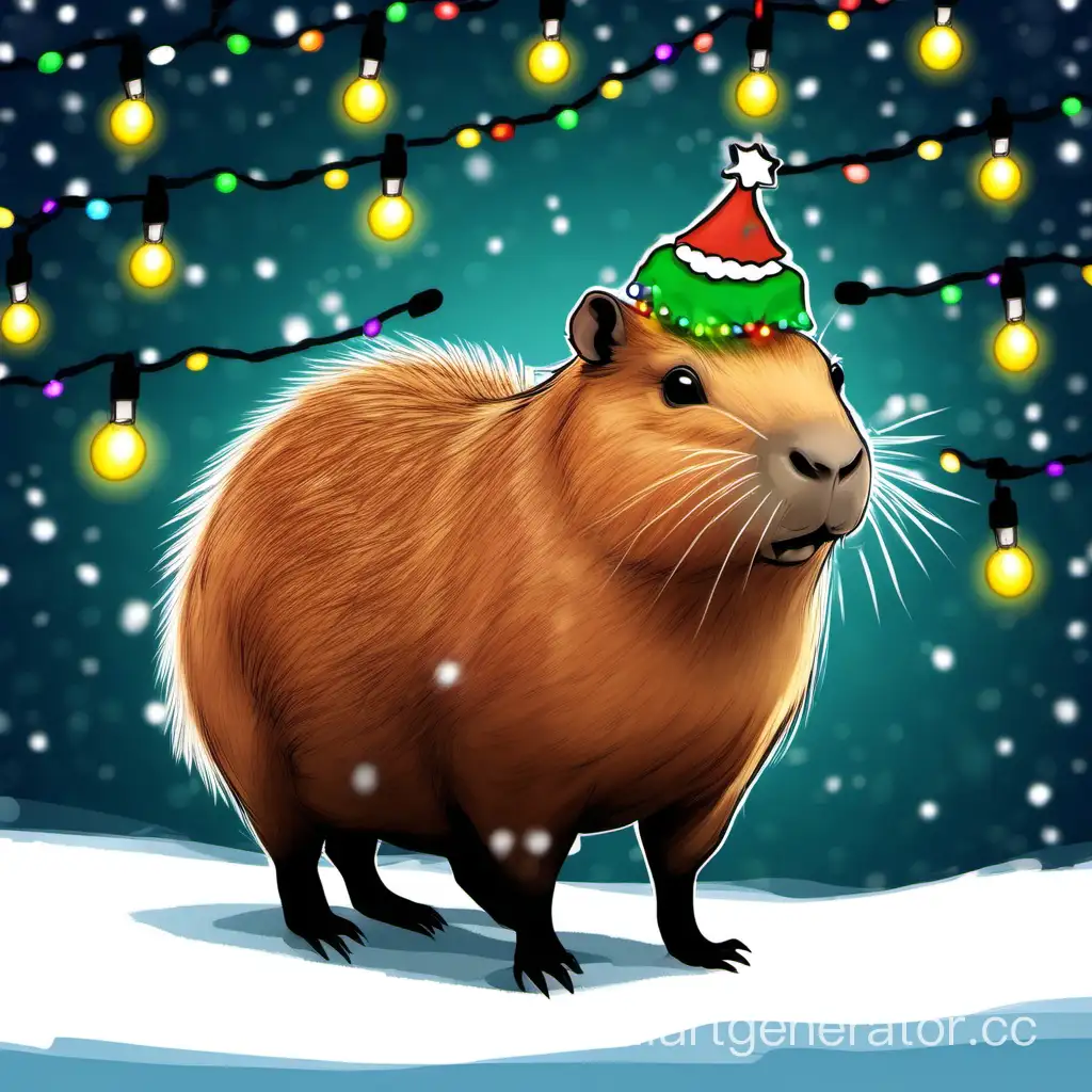 Capybara with Christmas lights