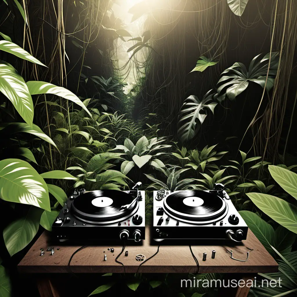 record decks growing from a jungle