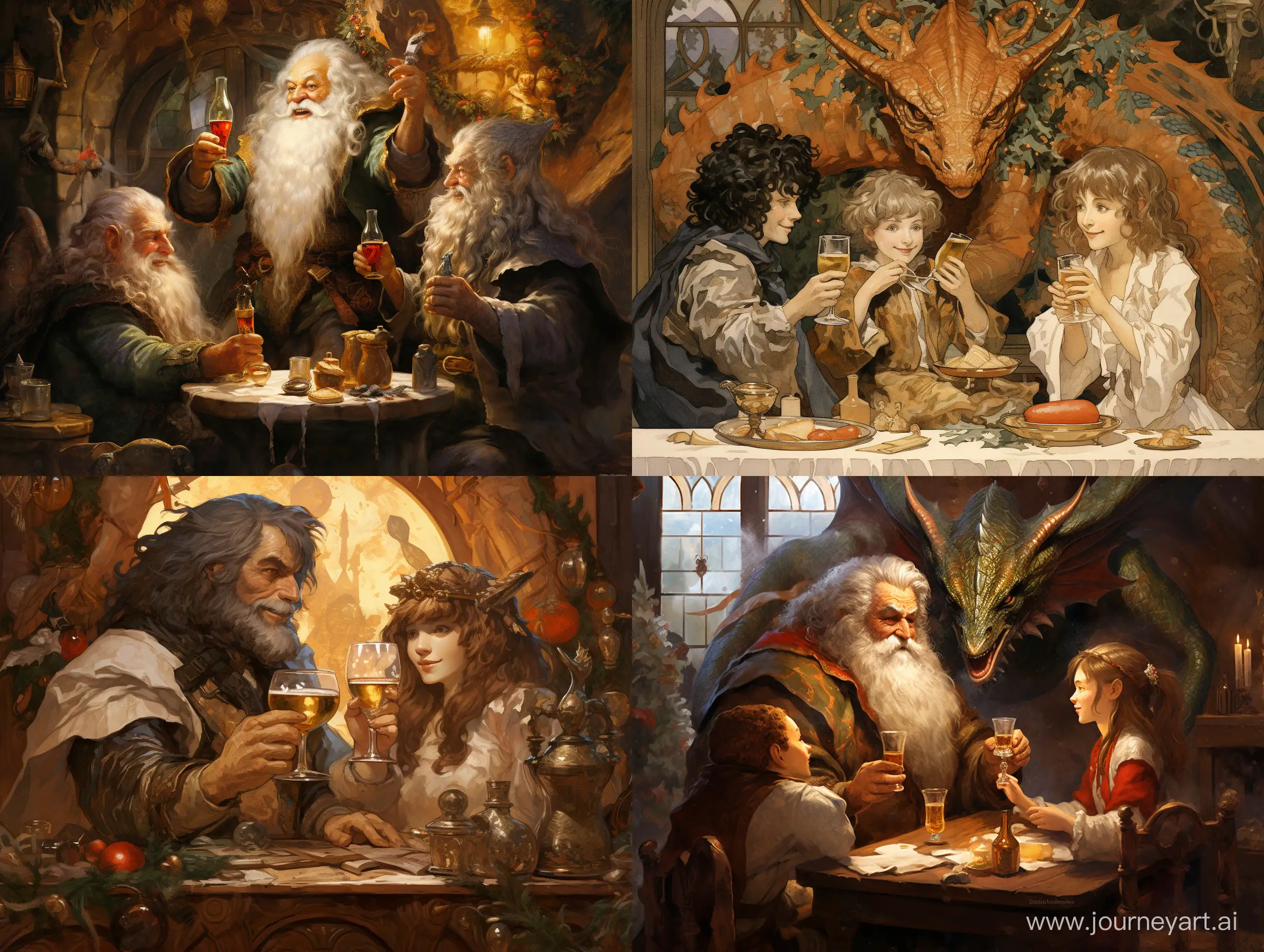 Хоббит, Гном, Эльф и Дракон обсуждают планы возле новогодней ёлки на будущий год с шампансим