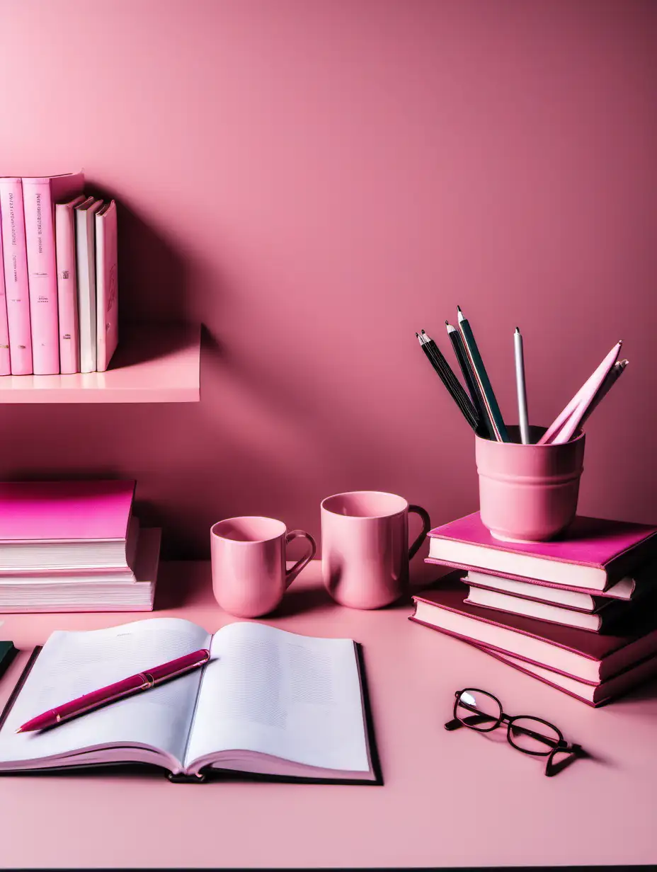 aesthetic photo of a desk with study materials and books, with pink as the main color