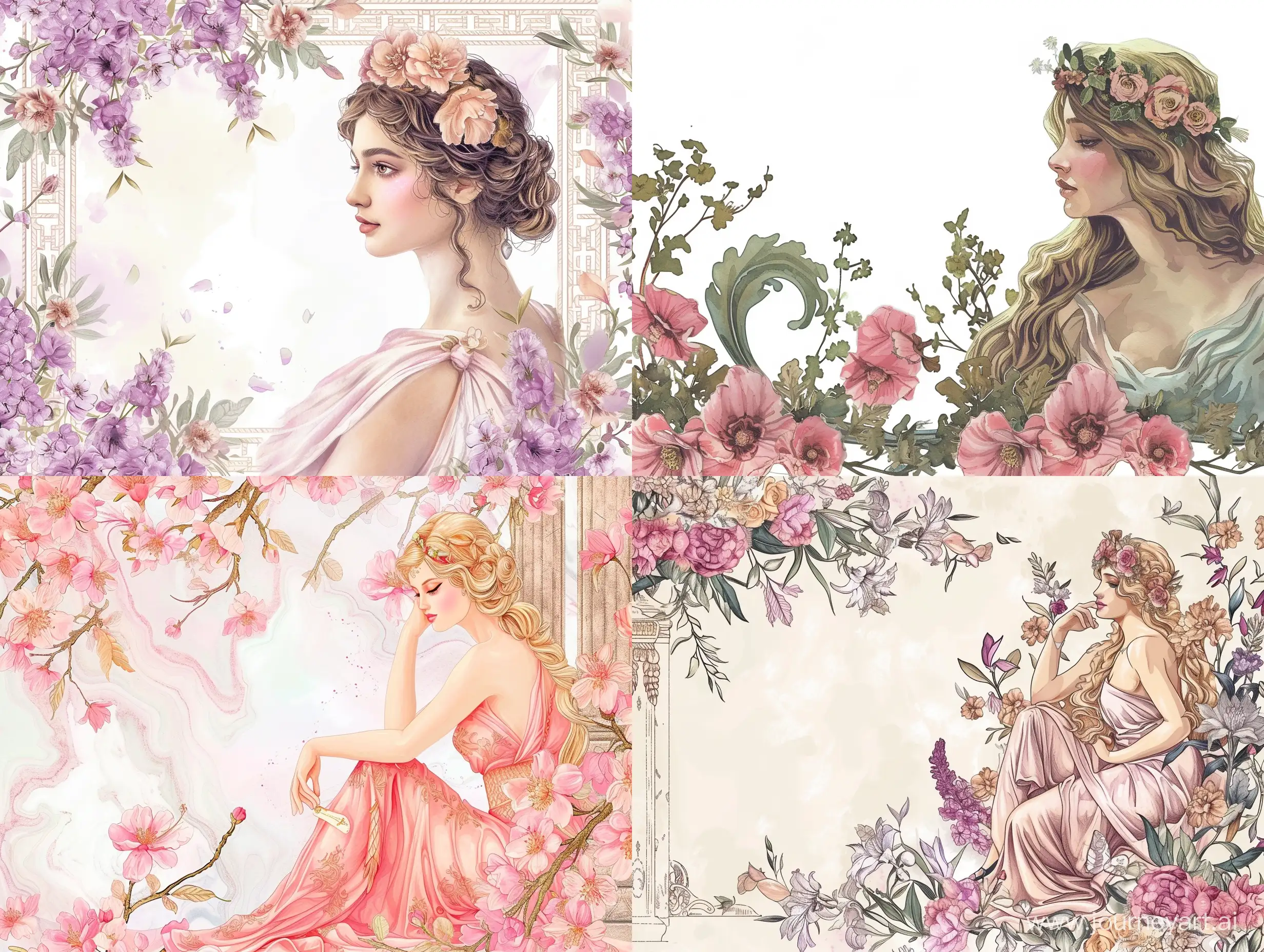 Ancient background, ornamental, dedicated to Aphrodite, about love, beauty, spring, flowers, heartfelt affection, watercolor style, many details, Barbie style --v 6 --ar 4:3 --no 32315
