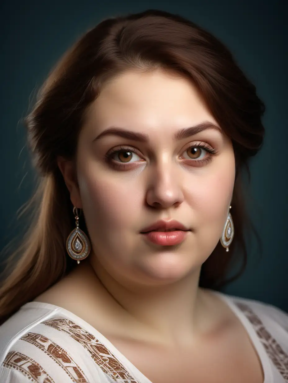 Serene Realistic Russian Woman with Thick Brown Hair and Elegant Earrings