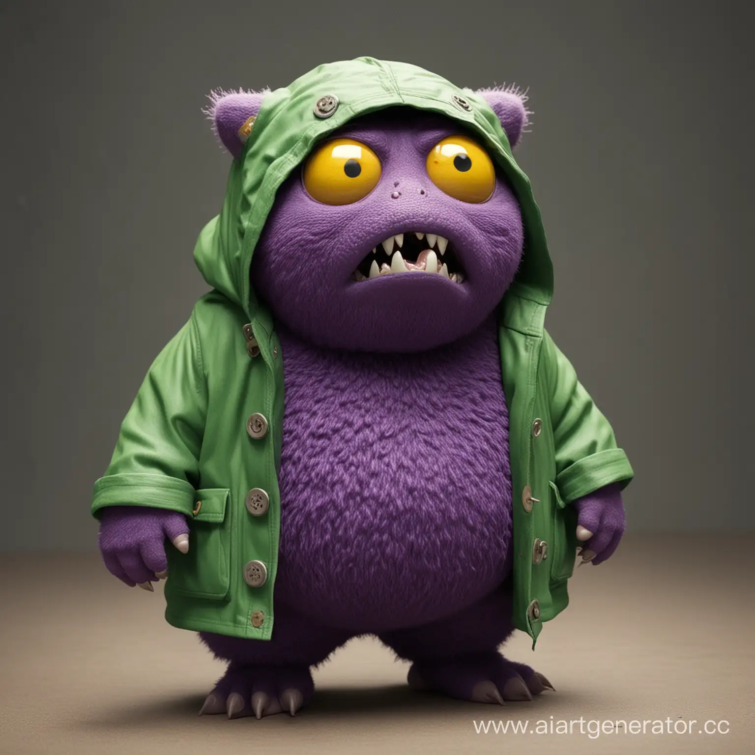 Chubby-Purple-Creature-Trapped-in-Green-Coat-with-Yellow-Eyes