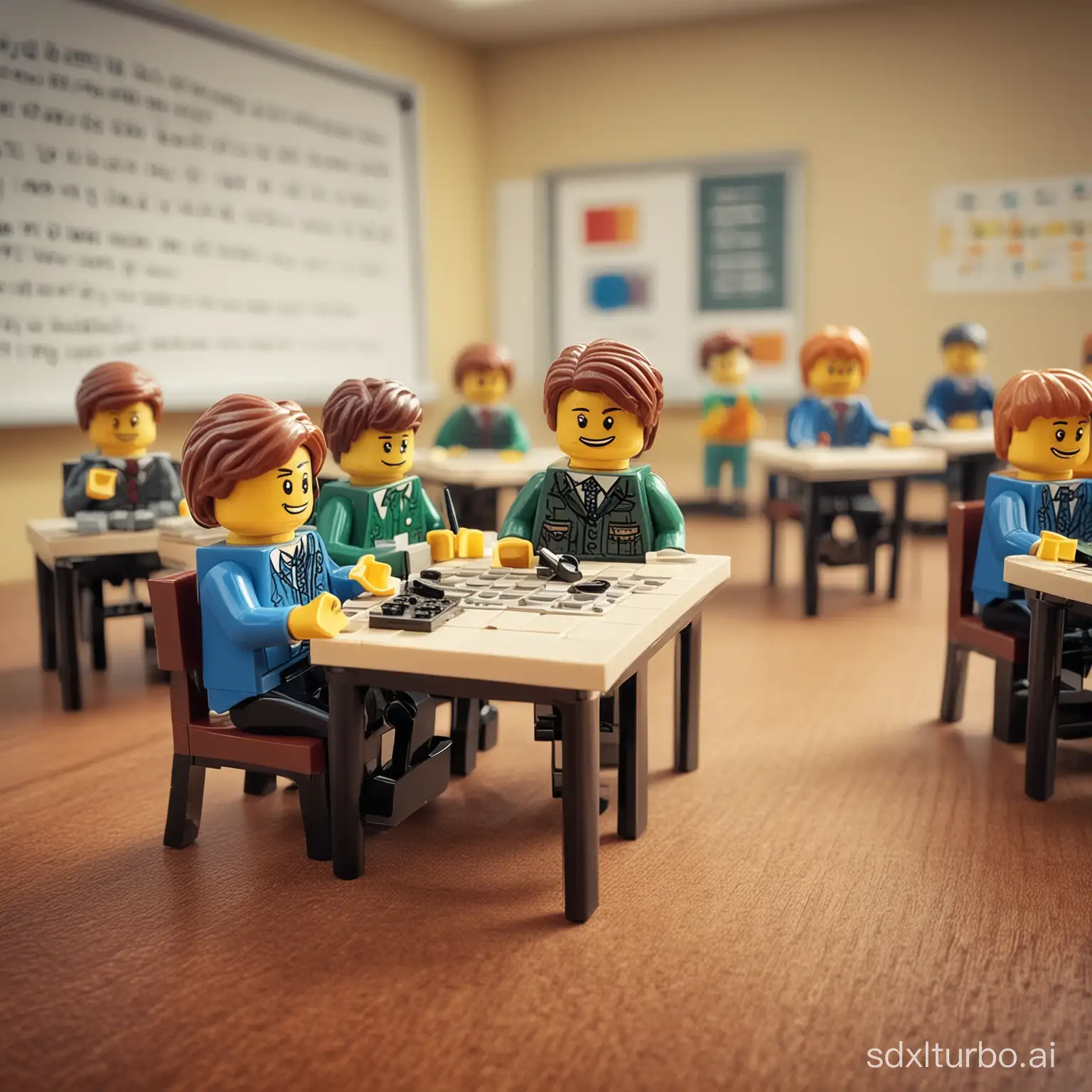 Legofigurer i en klassrumssituation. Lyckliga över att få lära sig matematik.
