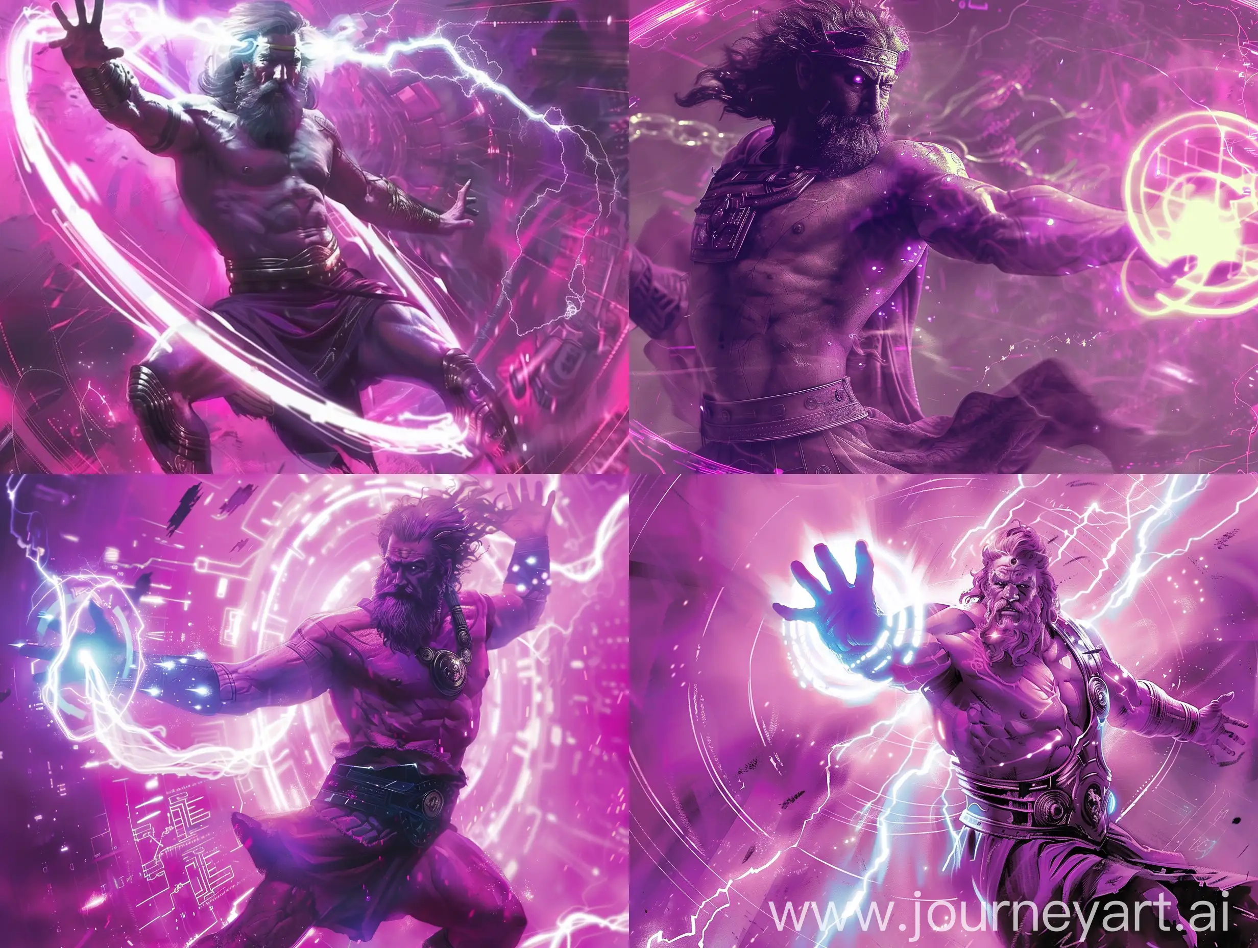 Ancient God Zeus,HD cover,1400x1400px,With lights/energy on his handstand a magenta colour futuristic background, clockwise