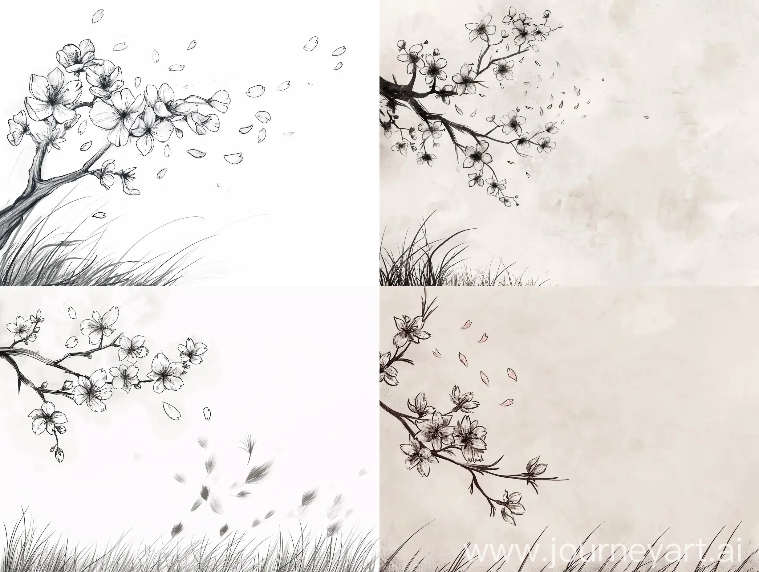 I want a sketch of a branch of cherry blossoms coming out of the left side of the sketch and some petals flying in the wind. With some grass on the bottom of the sketch.