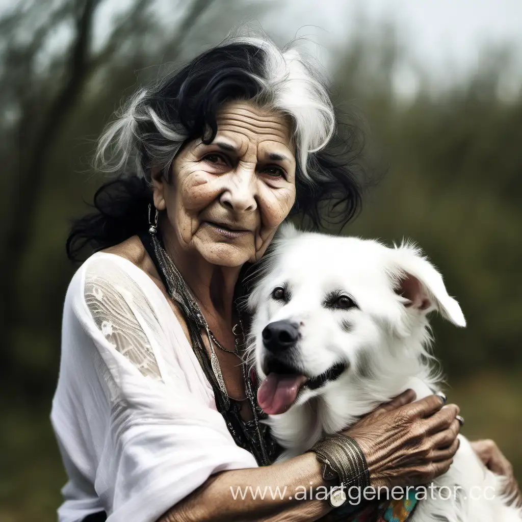 Grandmother, 48 years old, skin like a gypsy, very kind, hugging a white mongrel dog, grandmother has black hair

