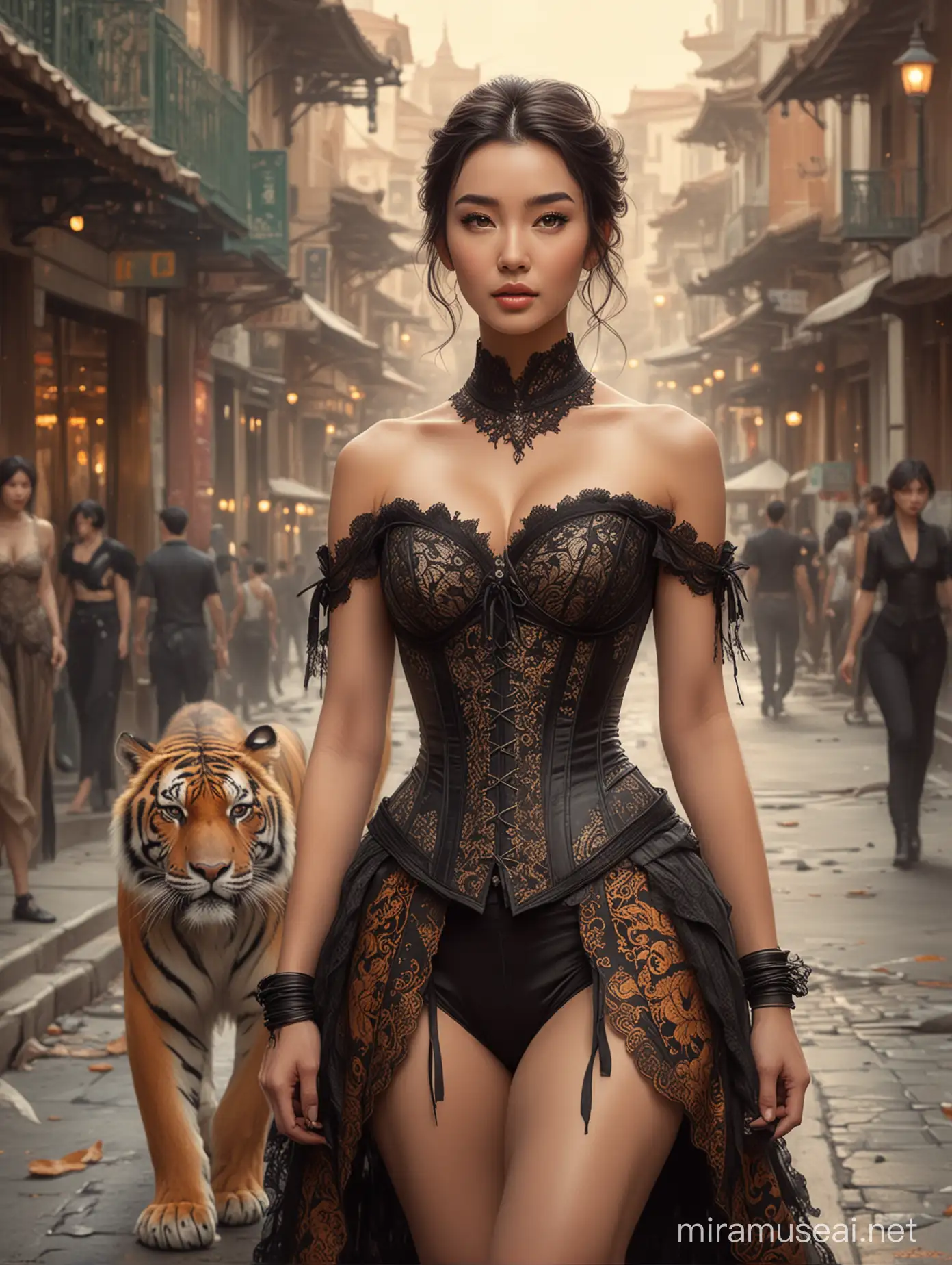 create how you see most beautiful Li Bingbing wearing lace corset walking with tiger on busy street  influenced by the artistic styles of Charlie Bowater, Frank Frazetta, Karol Bak, and WLOP, interpreted as a color pencil sketch boasting touches akin to manuscript illumination, surrounded by a cinematic atmosphere achieved through an ultra-wide angle perspective, bathed in warm colors and tempered by low contrast, producing a 5D visual quality