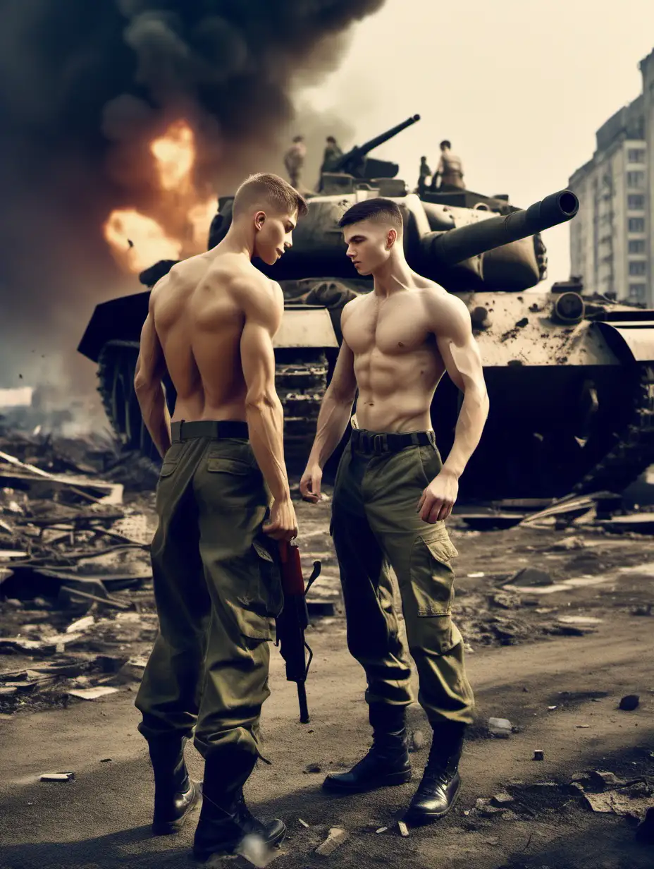 Intense Romantic Connection Amidst War Cinematic Homoerotic Scene with Shirtless Soldiers