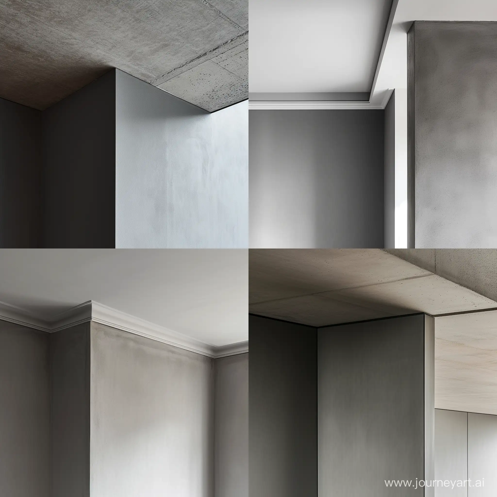 The image of the corner of a room with a gray wall and the ceiling visible completely