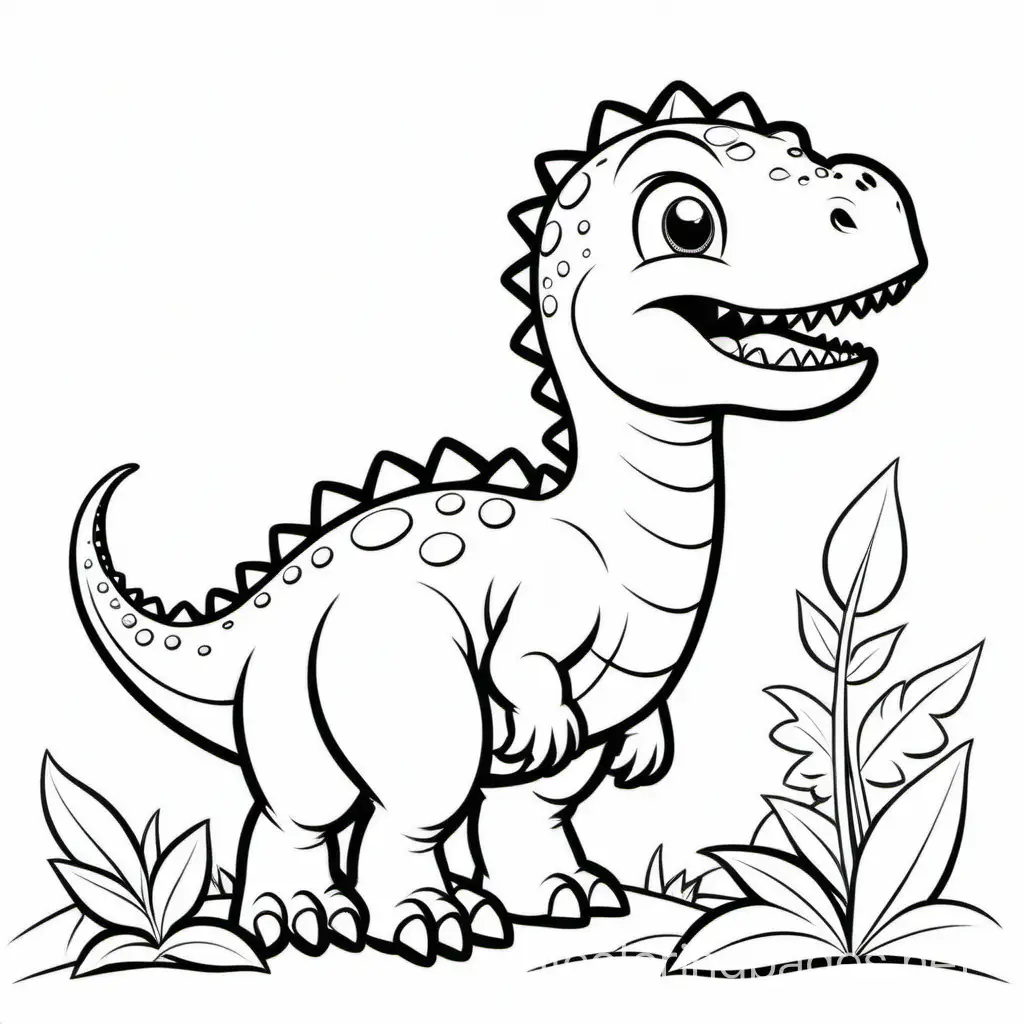 cute dinosaur for young children, Coloring Page, black and white, line art, white background, Simplicity, Ample White Space. The background of the coloring page is plain white to make it easy for young children to color within the lines. The outlines of all the subjects are easy to distinguish, making it simple for kids to color without too much difficulty