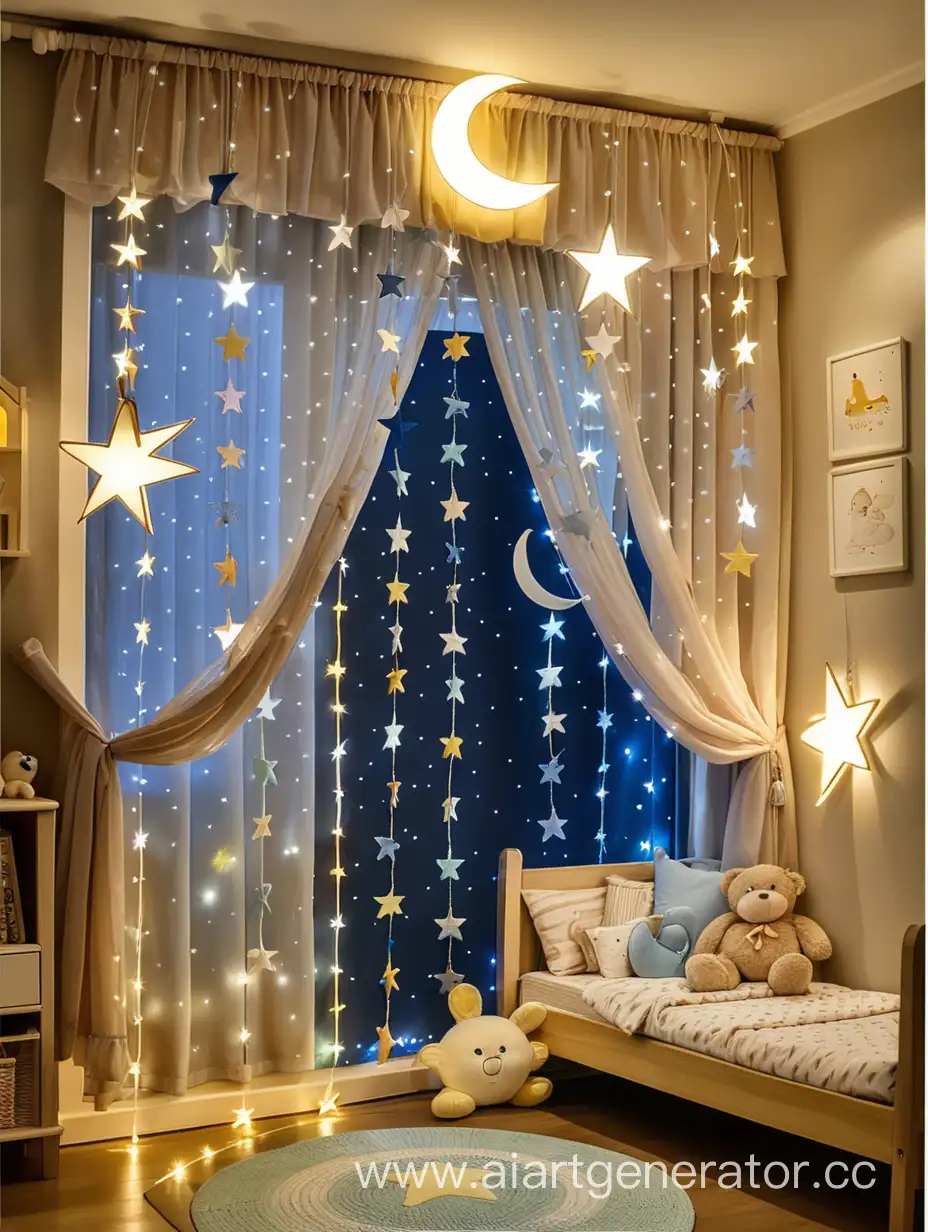 Гирлянда штора звезды и луна в детской комнате, светит ярко 