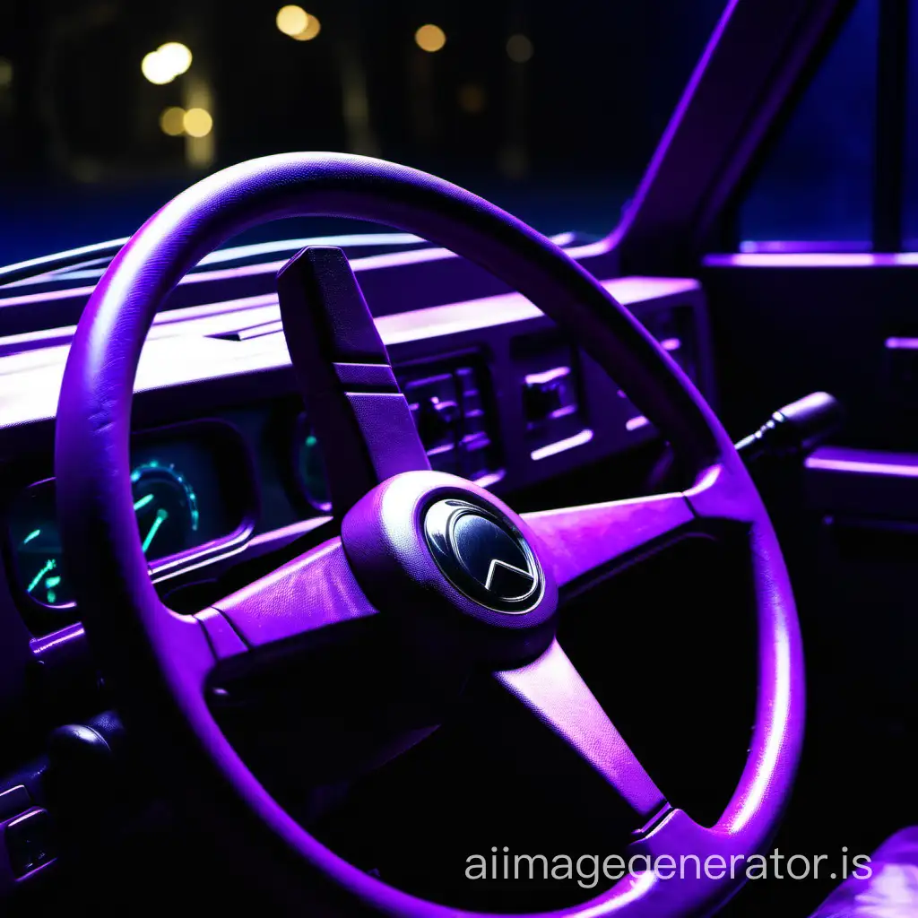 The truck's steering wheel, purple light, dark background
