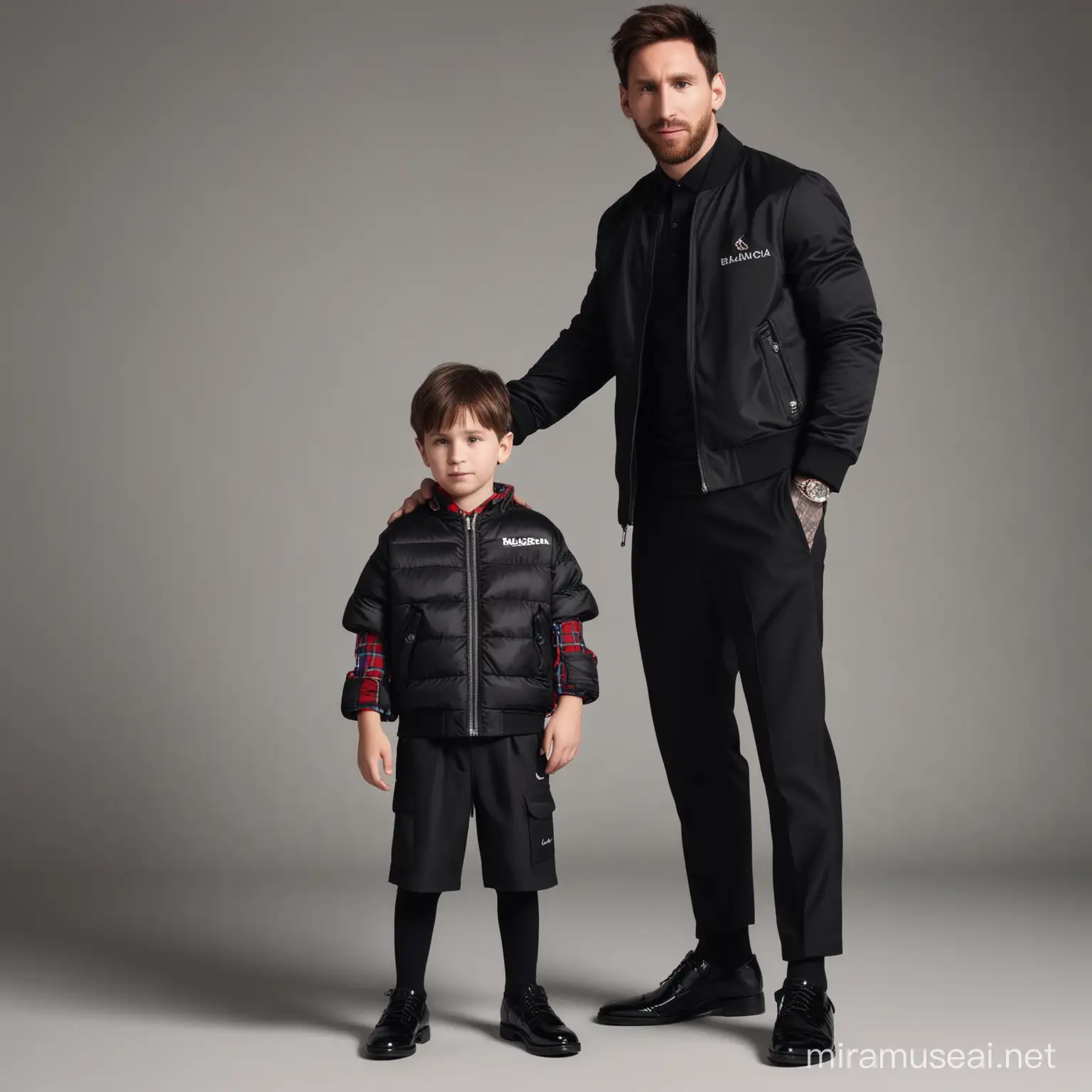 Create an image featuring Lionel Messi and his son, both dressed in Balenciaga outfits. Ensure that the clothing reflects the brand's distinctive style while being suitable for a warm and modern family atmosphere. Showcase the special bond between father and son in this elegant representation of fashion and fatherhood.