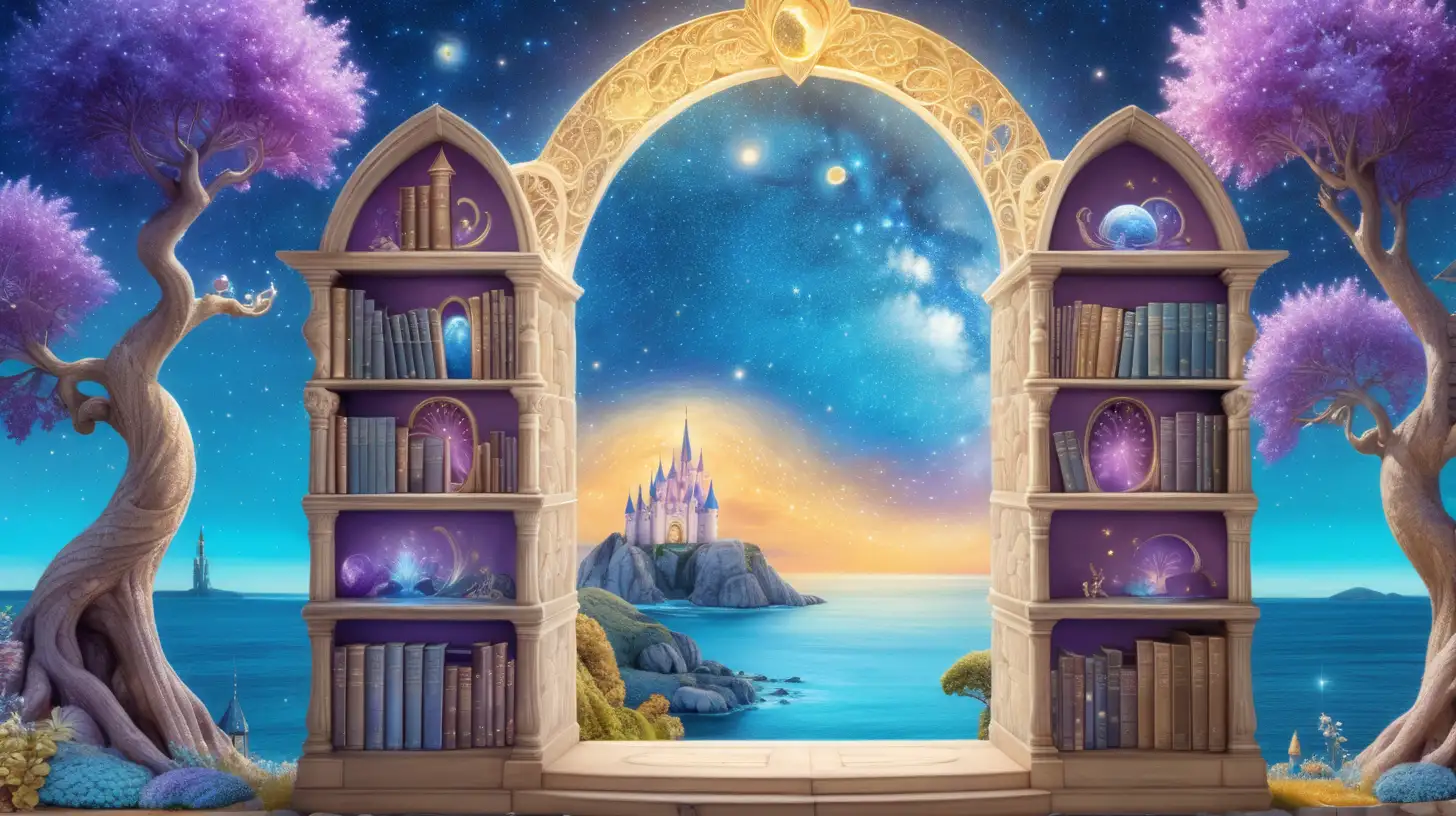 bookshelf portal showing a fairytale-magical grape trees -glowing-bright golden blue, pastel purple-sky blue with a castle that shows outer space astroids and mushroom garden and a bright ocean