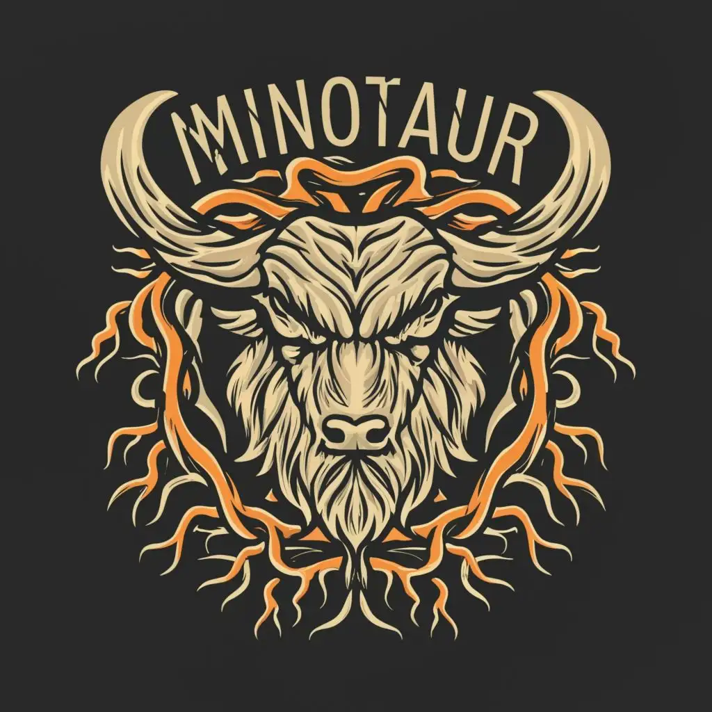 logo, bull with beard made of roots, with the text "minotaur", typography