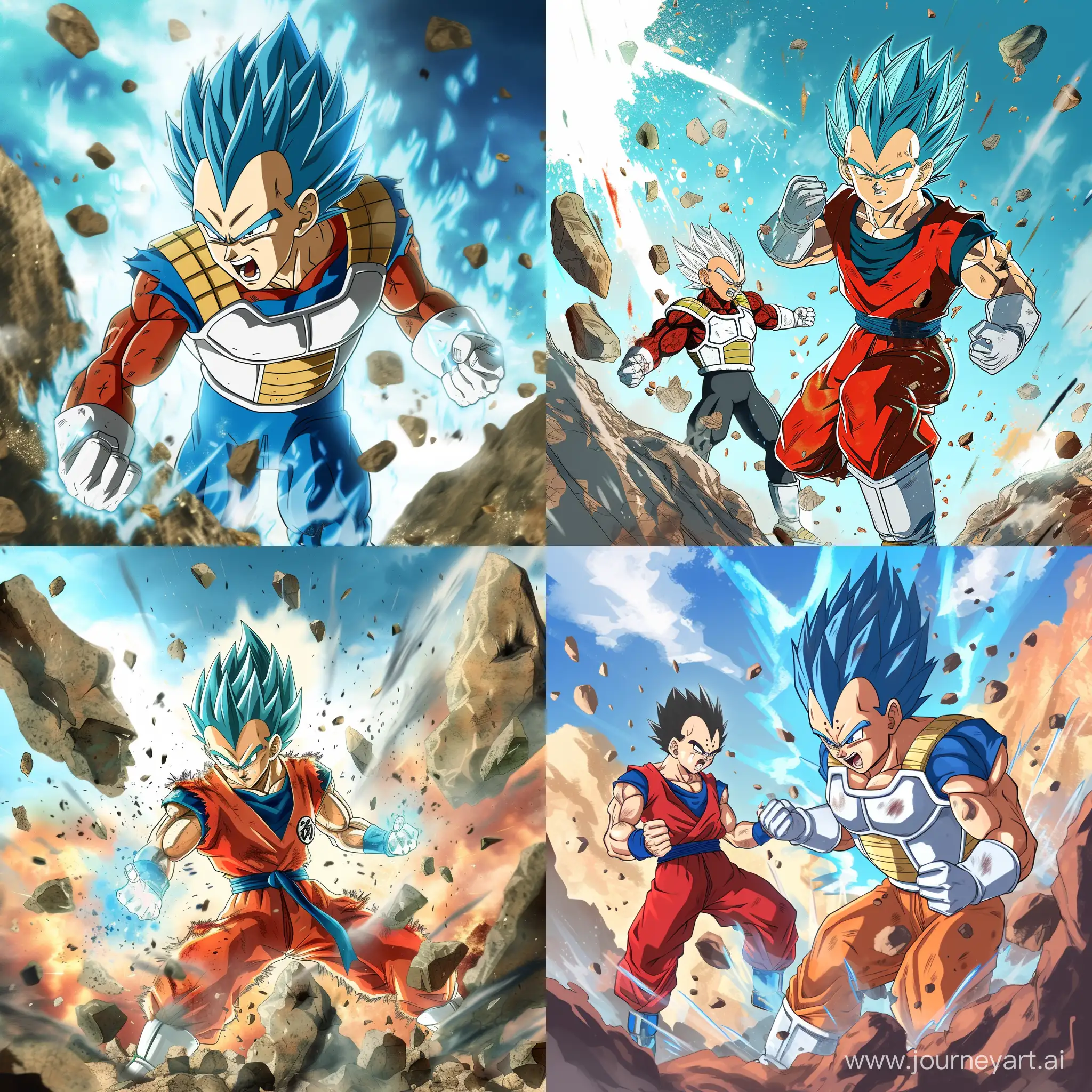 Dragon ball Z blue hair vegeta with anger mod stand in rock fight with Goku Dynamic background