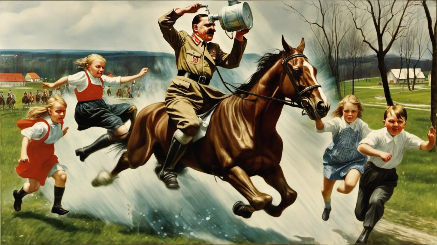 Adolf Hitler Chasing a Horse in Countryside while Girls Pour Water on Boys