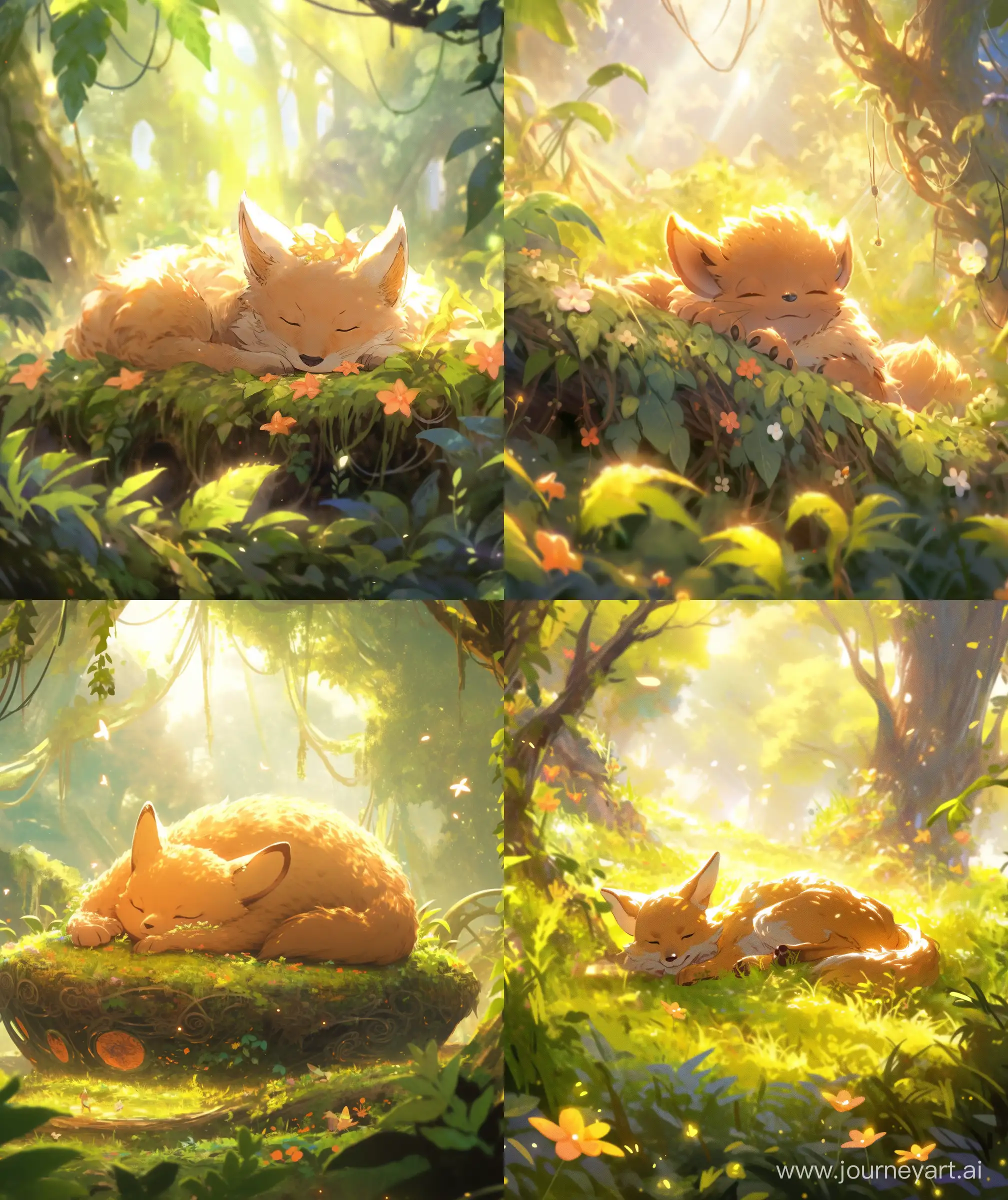 Beautiful orange fox, forest, sleeping, sunlight through leaves, full body showing ,glistening atmoshere, flowers around, tree, cozy grass bed , 
Ultra HD, high quality, sharp details --niji 5 --ar 27:32