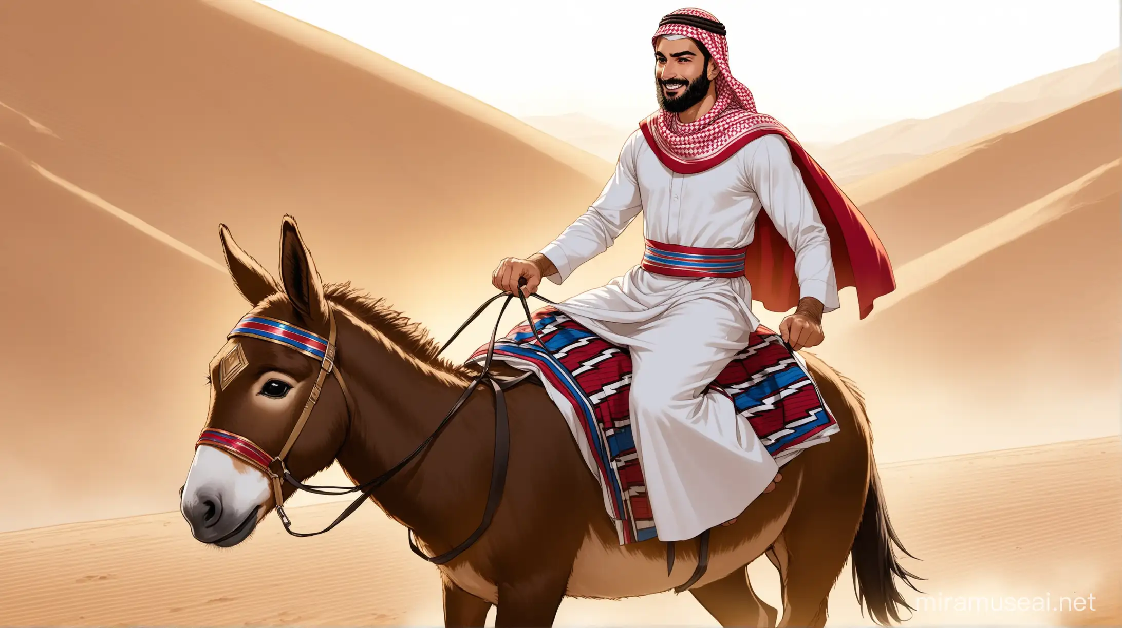 superhero, a skinny assyrian man, thobe and keffiyeh, riding on a tiny donkey