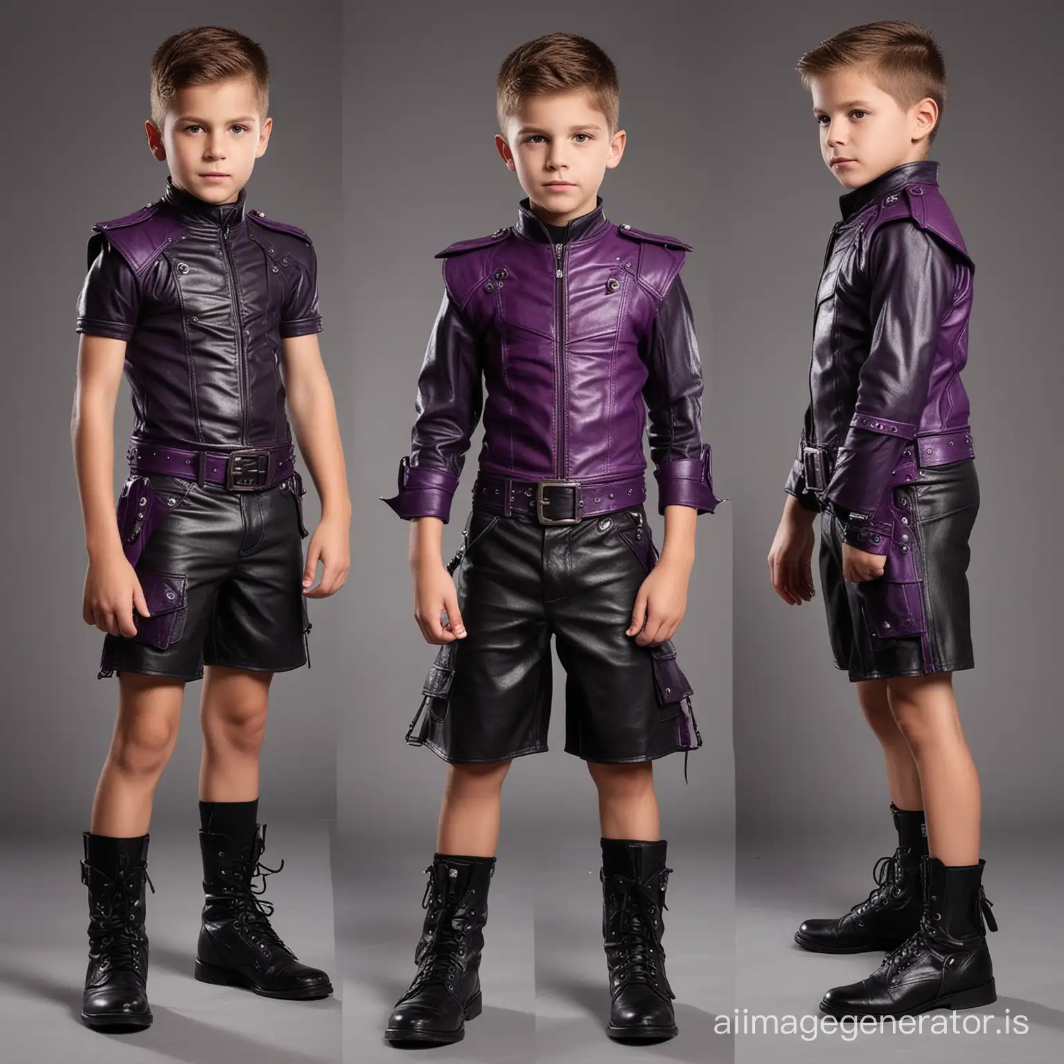 Create a villain outfit for a strong 8 year old boy villain with abs, cool, wicked, leather, shorts, comfortable yet intimidating, various shades of purple with hints of red, green and black