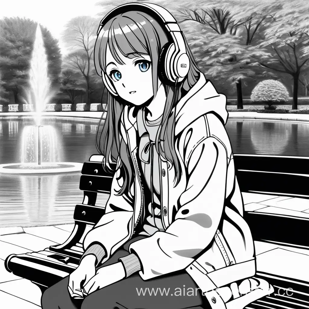 Japanese-Manga-Style-Illustration-of-Anxious-Teenage-Girl-Listening-to-Music-by-Fountain-in-May