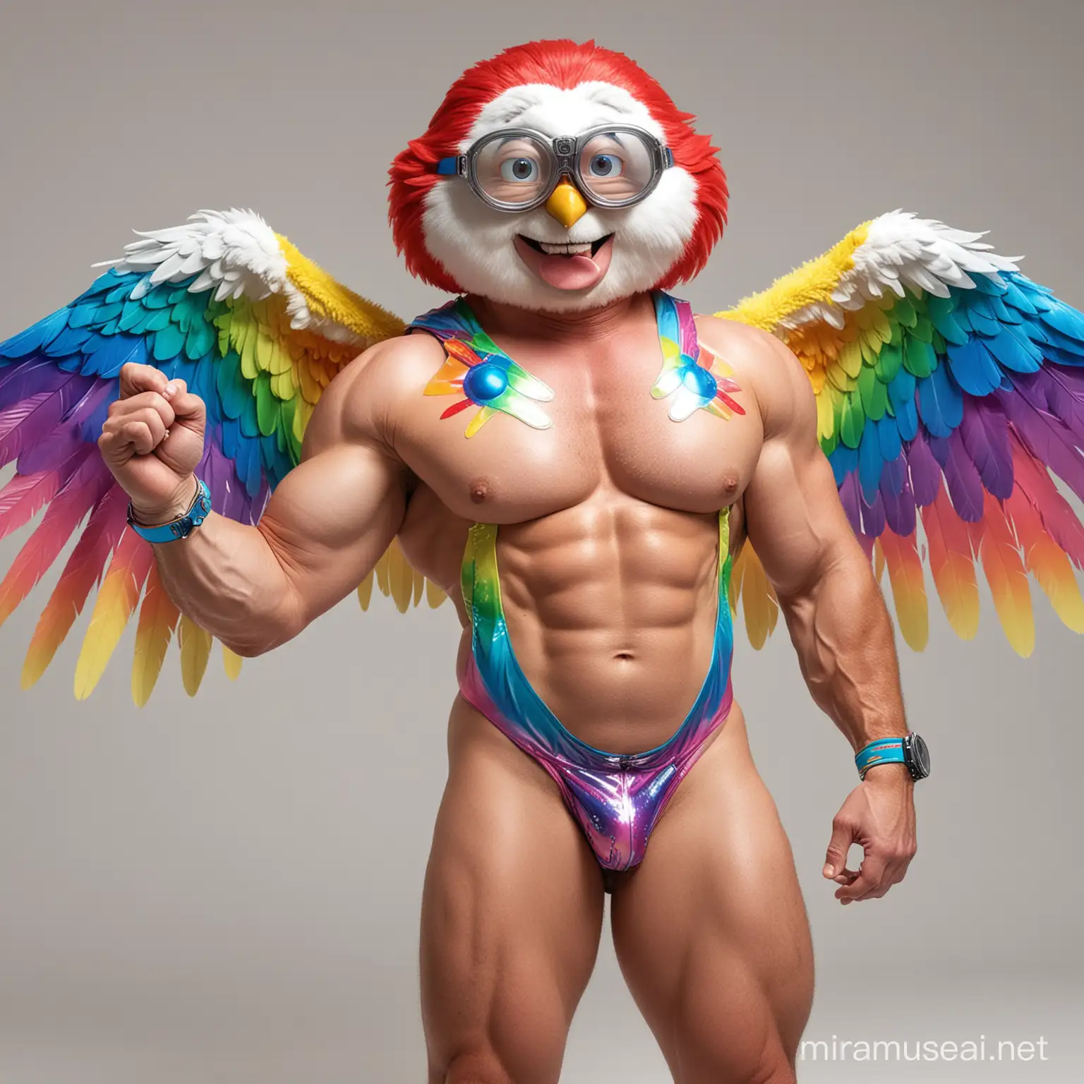 Studio Light Topless 40s Ultra Chunky Red Head Bodybuilder Daddy Wearing Multi-Highlighter Bright Rainbow Colored See Through huge Eagle Wings Shoulder Jacket short shorts and Flexing his Big Strong Arm Up with Doraemon Goggles on his forehead