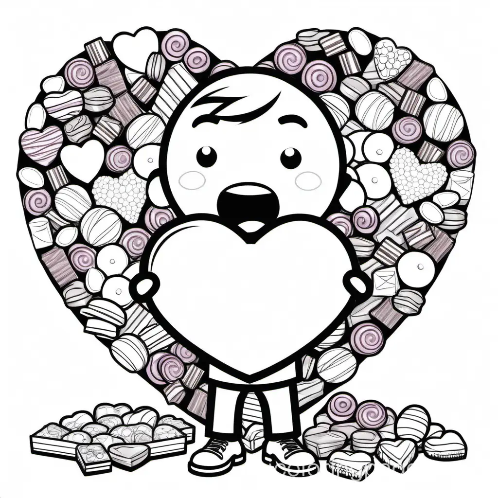 cartoon man holding a large heart filled with candy and chocolates in front of his face while he stands in a pile of chocolates and candy, Coloring Page, black and white, line art, white background, Simplicity, Ample White Space. The background of the coloring page is plain white to make it easy for young children to color within the lines. The outlines of all the subjects are easy to distinguish, making it simple for kids to color without too much difficulty