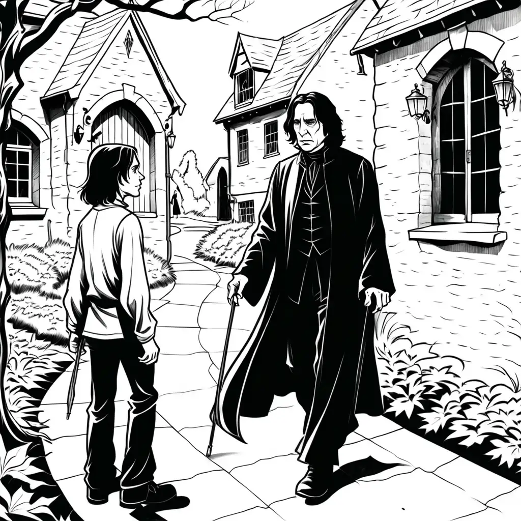 simple black and white coloring book illustration of Severus Snape talking to older teen walking outside


