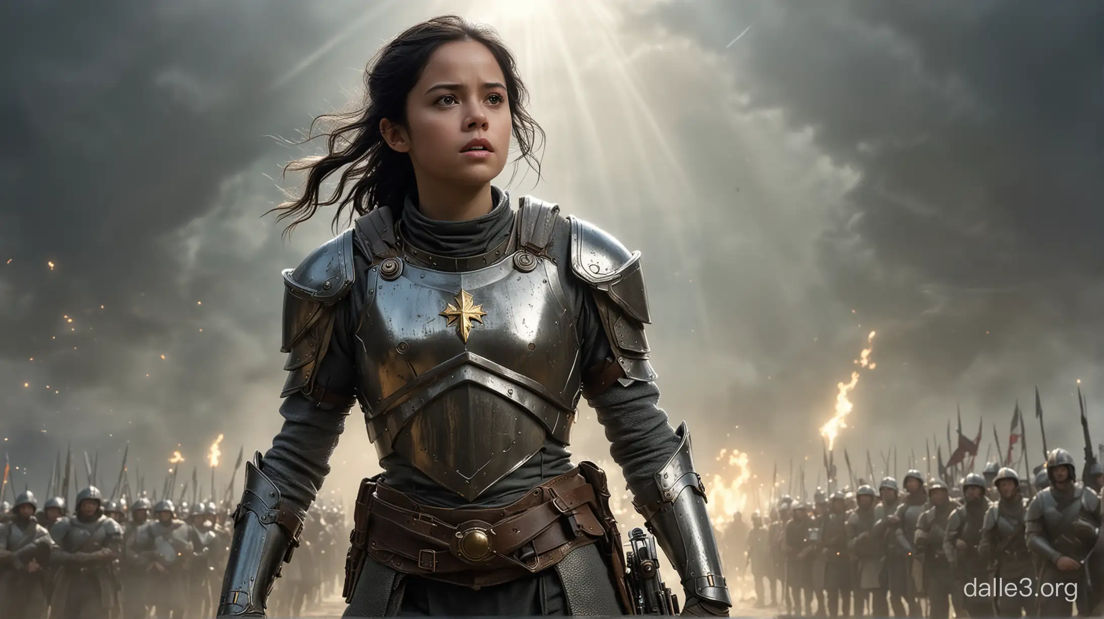 Jenna Ortega as Saint Joan d’arc, leading an army as its commander, leader, and saviour, halo, goldenshot, volumetric lightning, armies, ancient kingdoms