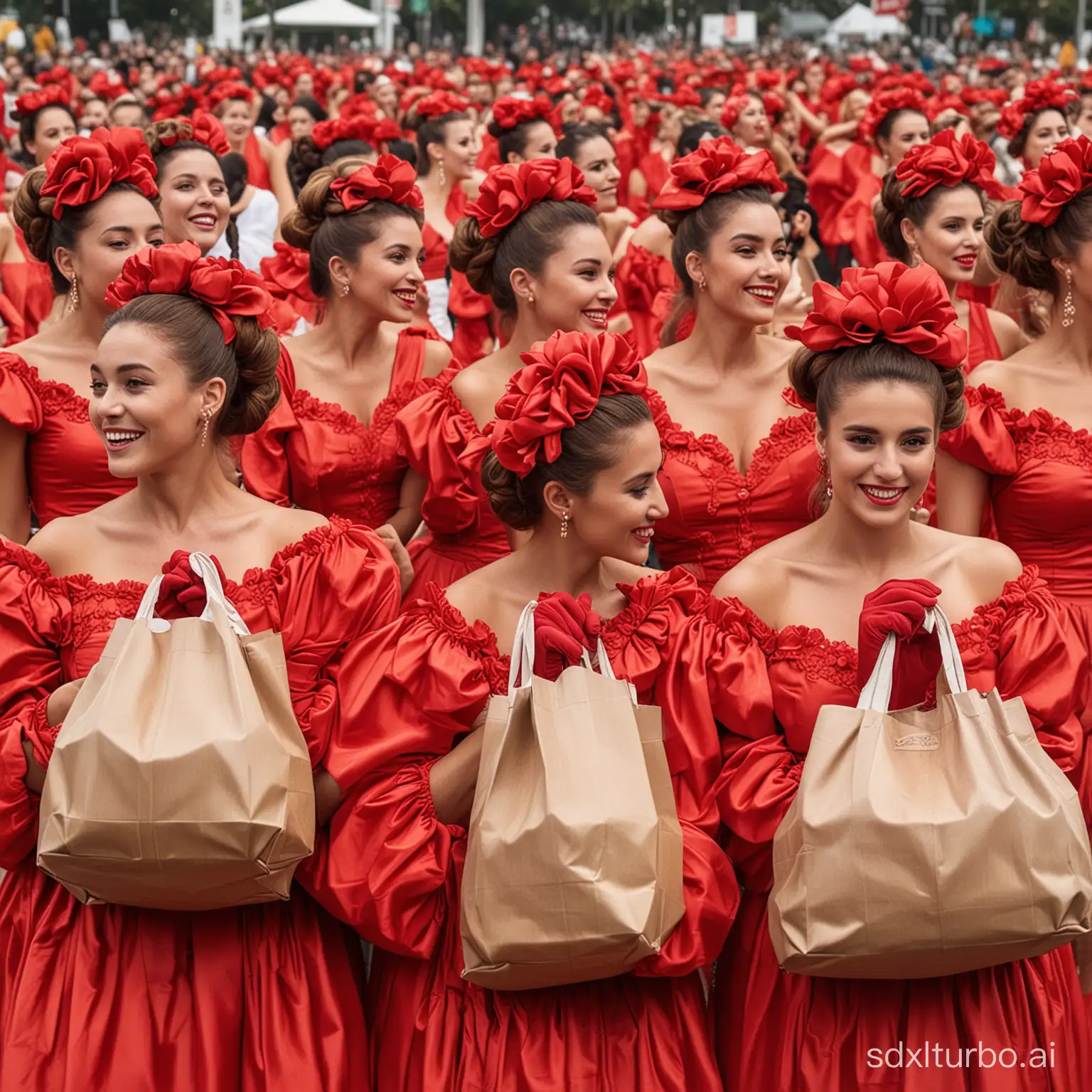 Multidão de mulheres com vestidos volumosos de gala vermelho coque na cabeça flor e luva vermelha carregando sacolas juntas no shopping interlagos