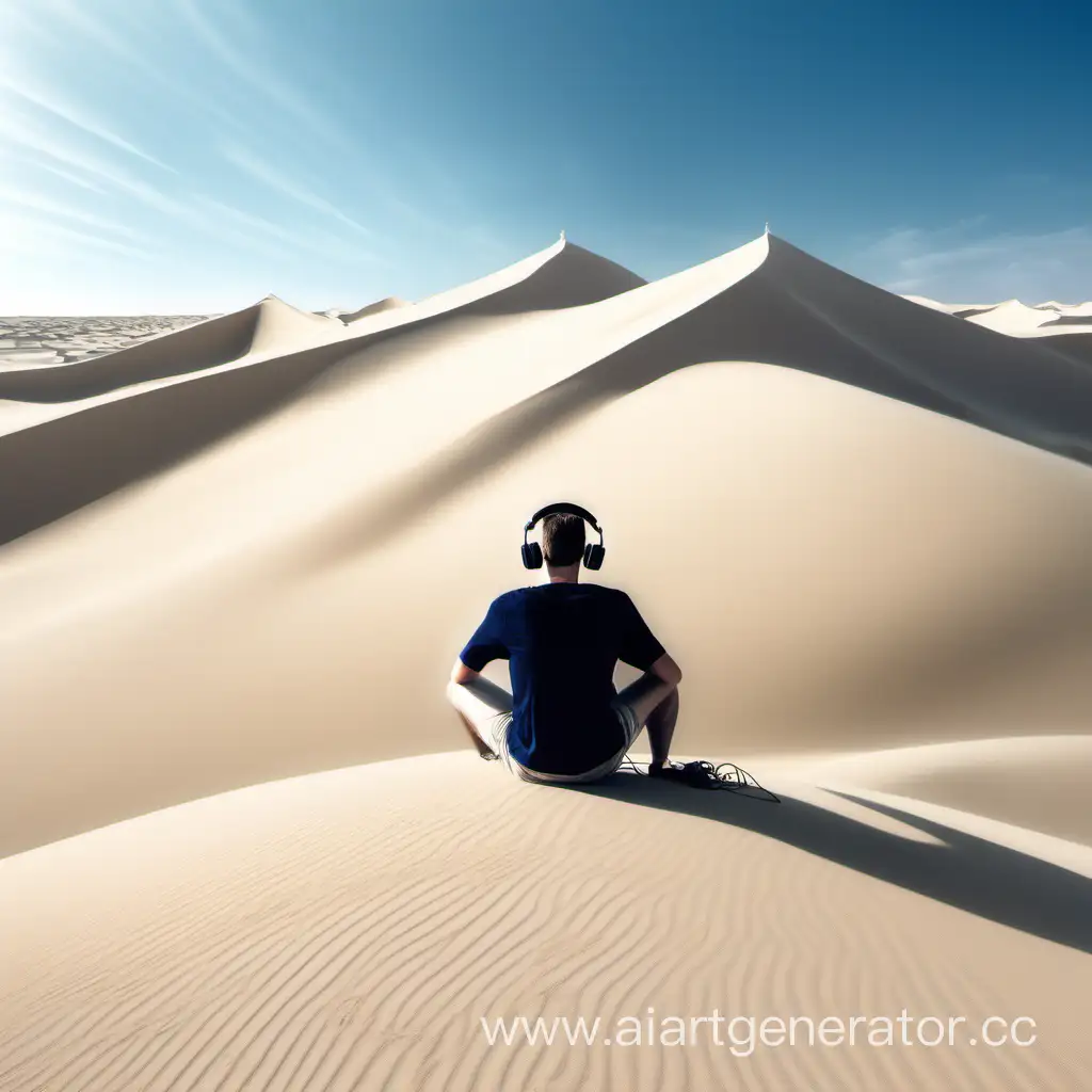 Пустыня с белым песком, на гребне дюны сидит белый человек в наушниках спиной , над ним голубое небо,