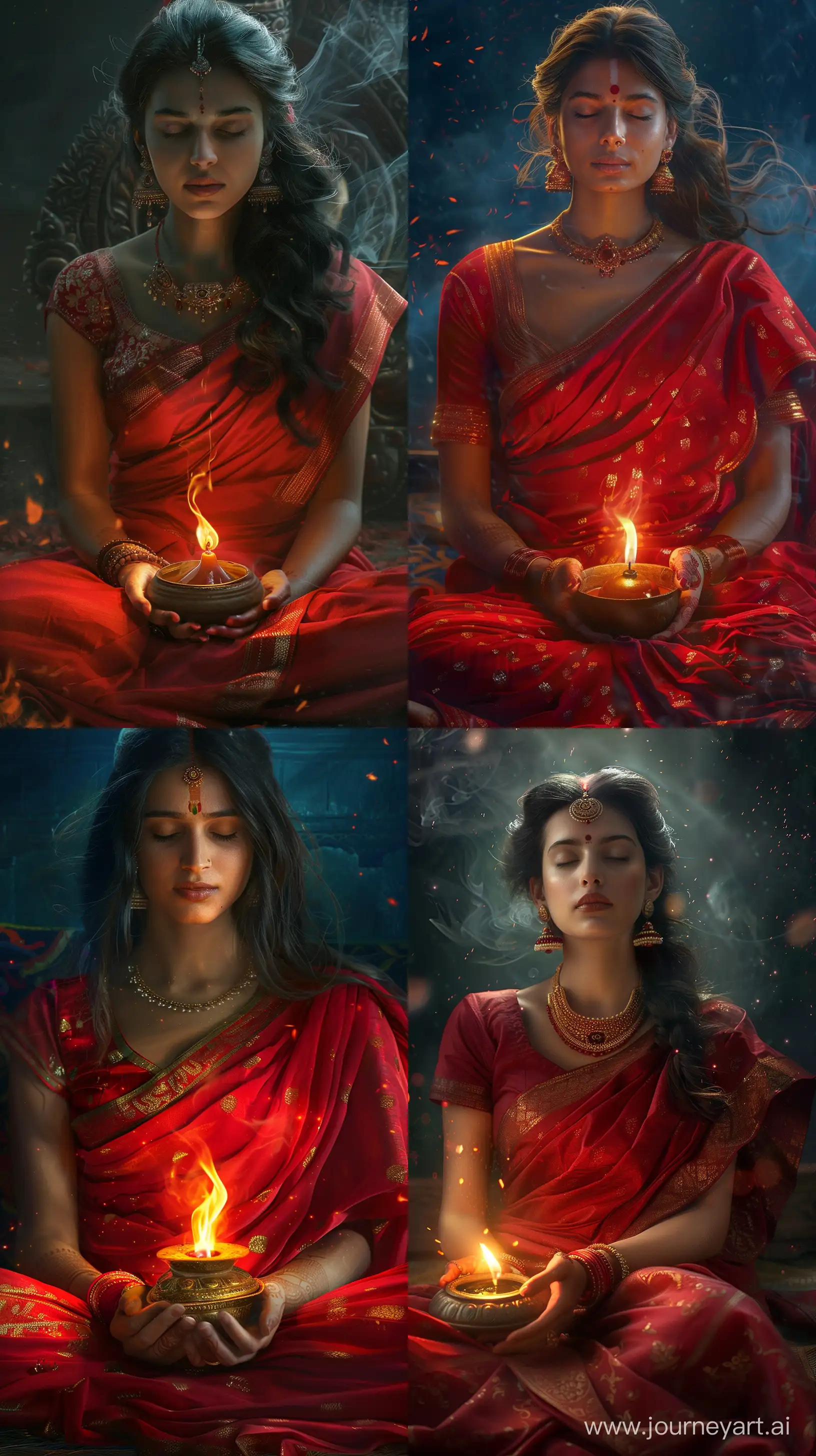 Realistic colorful images of an Indian woman from ancient times in red saree, seated holding a traditional oil lamp( diya) that is lighted up, she's closing her eyes, intricate details, night time, close-up image, 8k quality --ar 9:16