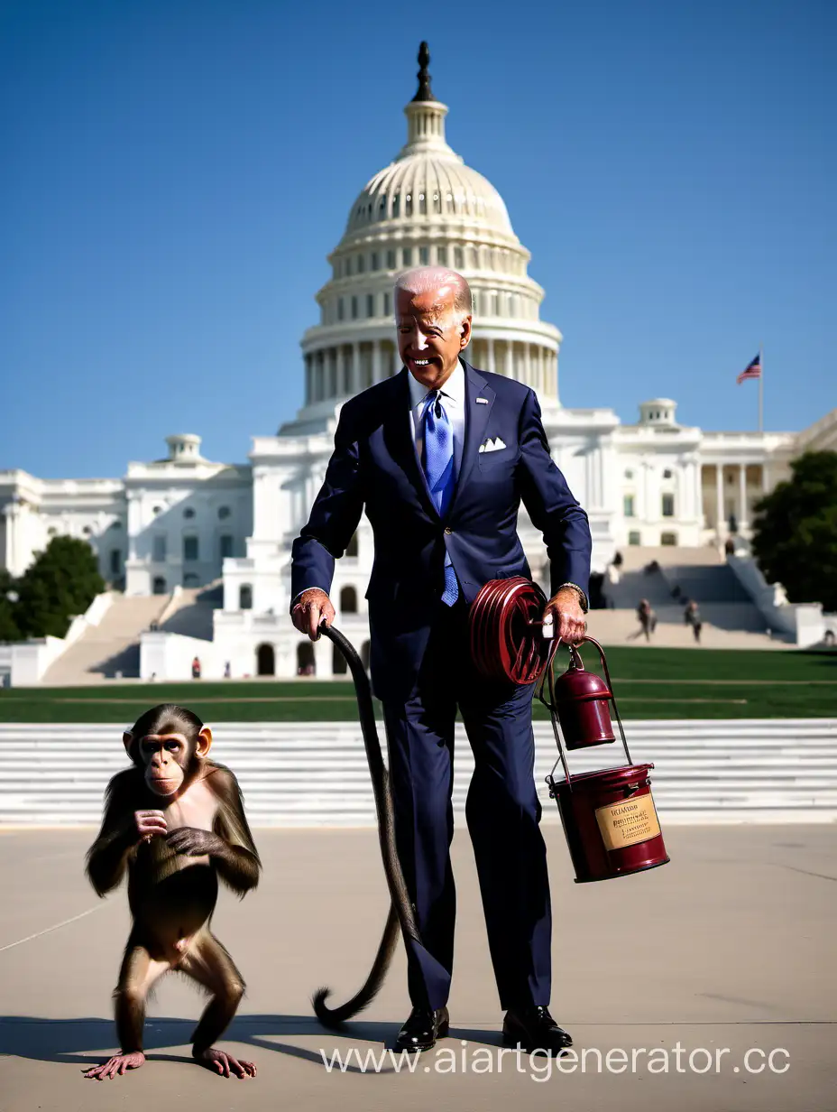 high quality difgital photo, us capitol background, joe biden is an organ grinder with a monkey on a leash. wide