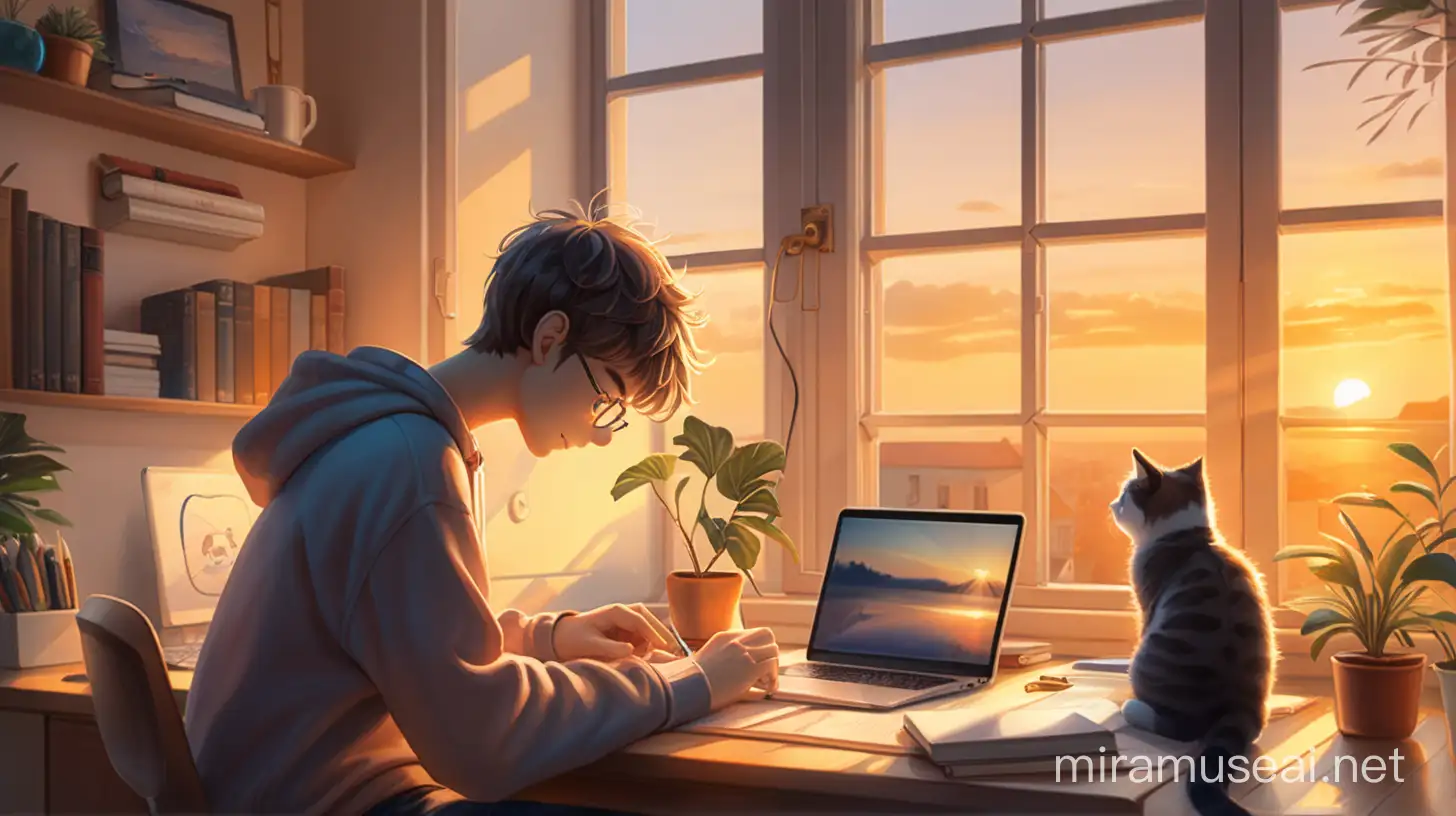 a young guy studying at home next to
 large window desk with laptop , a cute cat, warm sunset
