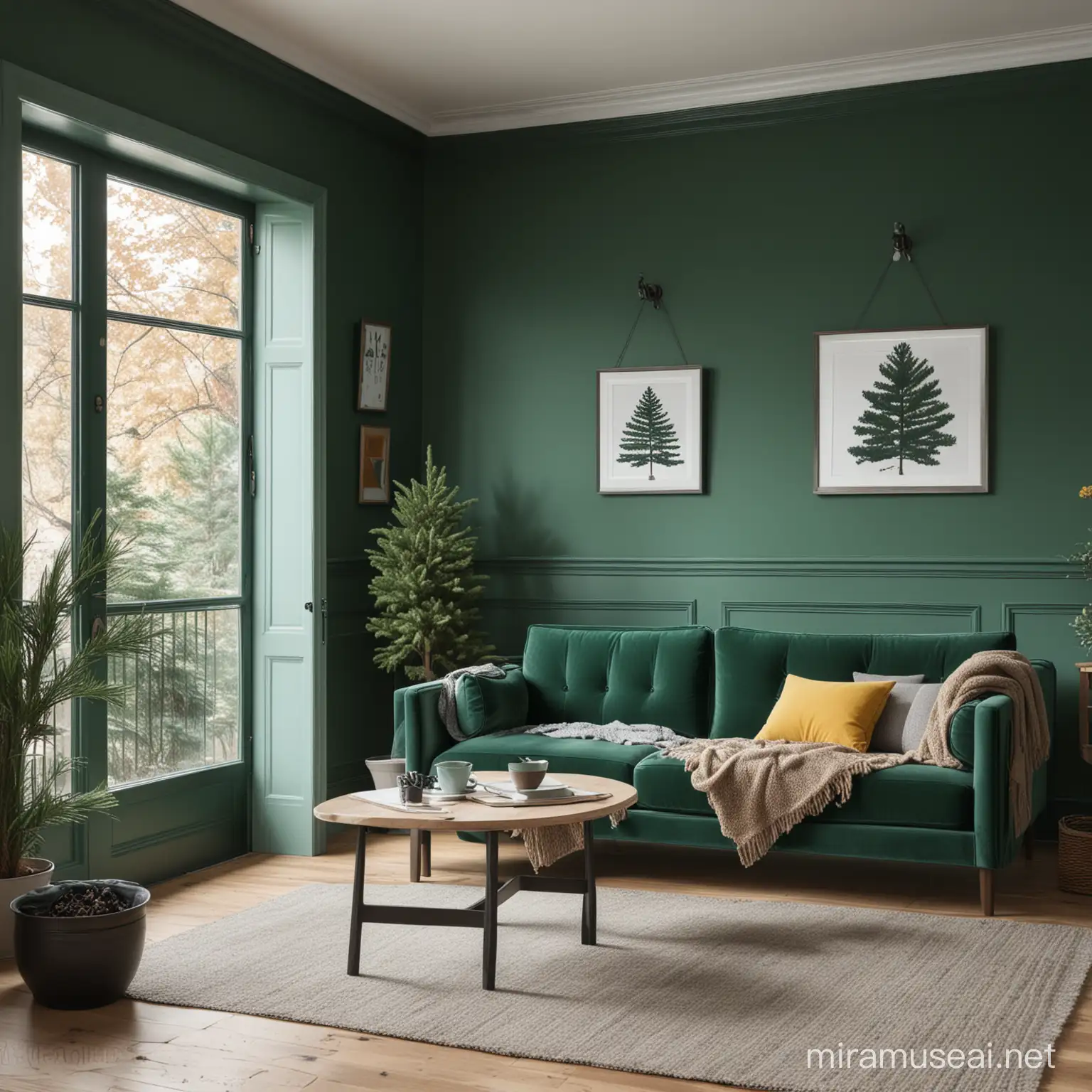 Evergreen Color Interior Serene Forest Ambiance in a Cozy Room