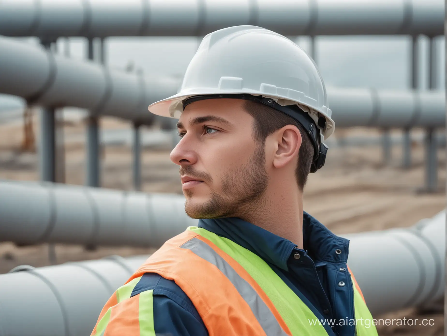Работник строительной компании спиной смотрит вдаль на строительство газопроводов в голубом и сером цвете