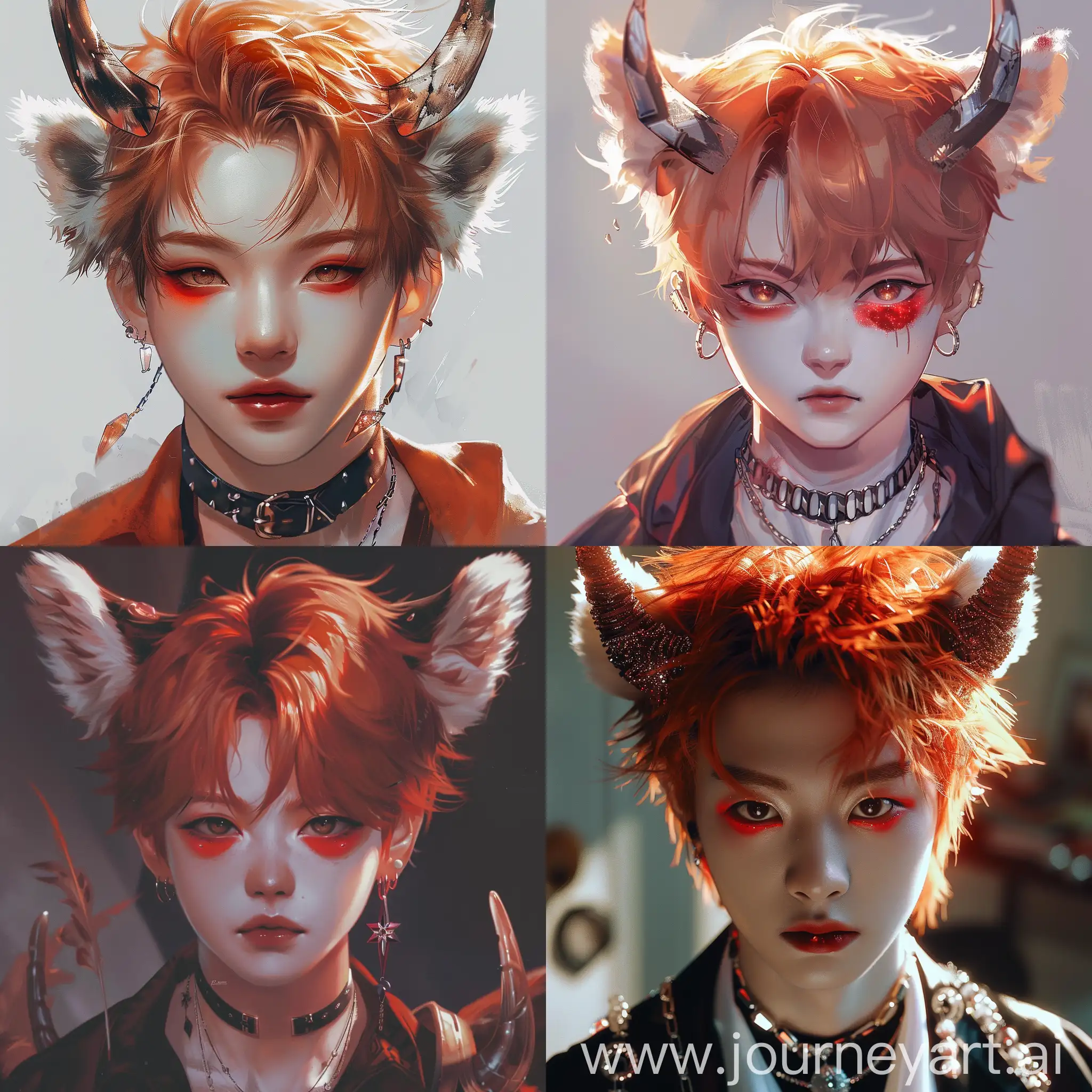cute, anime, red panda, young adult male, kpop, sunstone crystal horns, red eye shadow, korean, stylish