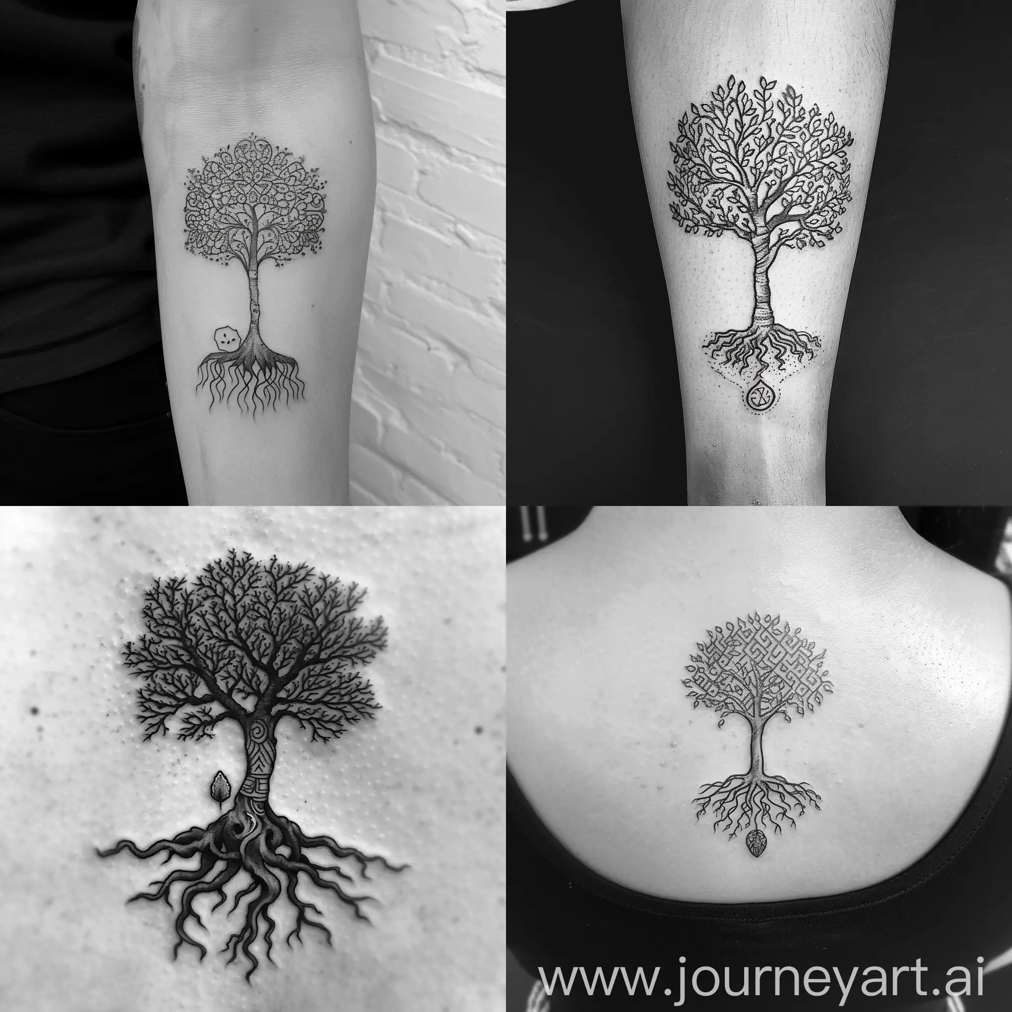 Let's delve deeper into a more philosophical symbol:

Picture a solitary tree, its roots delving deep into the earth while its branches reach towards the sky. The tree represents resilience, growth, and the interconnectedness of all life.

At the base of the tree, a small seed lies nestled in the soil, symbolizing the potential for transformation and renewal. From this tiny seed, the mighty tree emerges, embodying the journey from adversity to liberation.

Carved into the trunk of the tree are intricate patterns, reminiscent of ancient symbols of wisdom and enlightenment. These patterns speak to the complexities of human experience and the quest for understanding and freedom.

As you contemplate this minimalist tattoo, envision yourself as the tree, grounded in your values and beliefs, yet reaching ever upwards towards the limitless expanse of the sky. Your roots anchor you to the earth, providing strength and stability, while your branches stretch towards the heavens, embracing the boundless possibilities of existence.

This tattoo serves as a reminder of your capacity for growth and transformation, as well as your inherent connection to the natural world and the universal quest for freedom and self-realization.