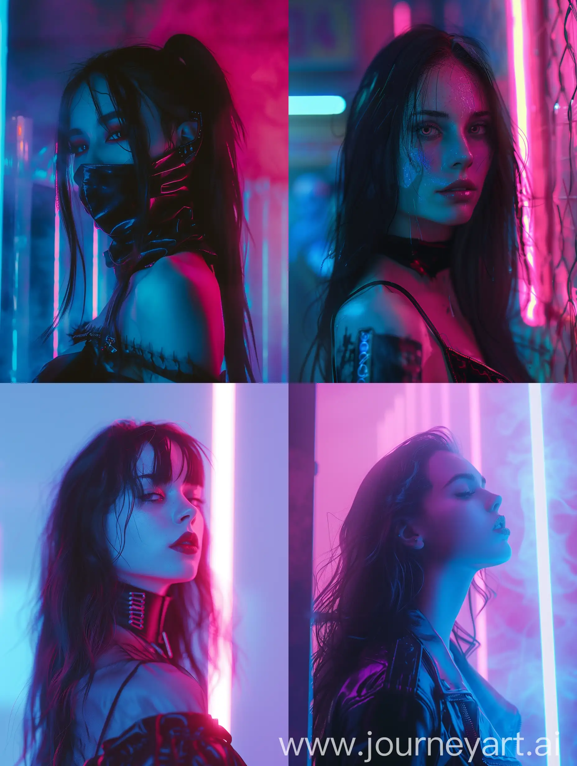beautiful Vampire, darkness, cyberpunk, with subtle pink and blue gradients, neon lights, backlight, pastel colours, sci-fi, realistic, futuristic.
