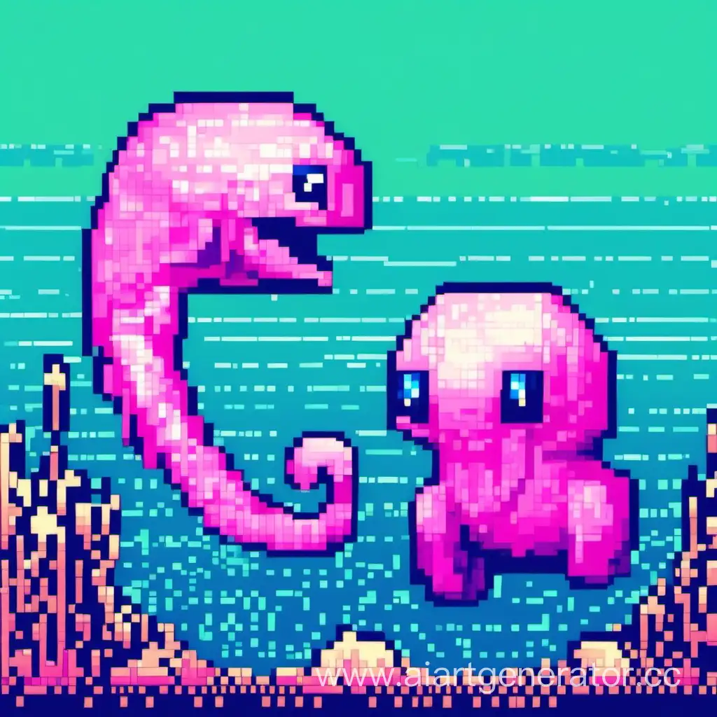 Двое пиксельных 2D существ маленьких, одно морское, другое сухопутное. Розовое и синее