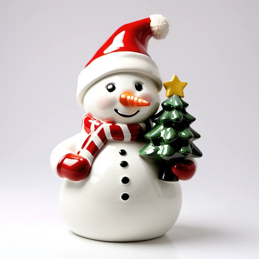 圣诞陶瓷 表情可爱 雪人 手拿圣诞树  白色背景
