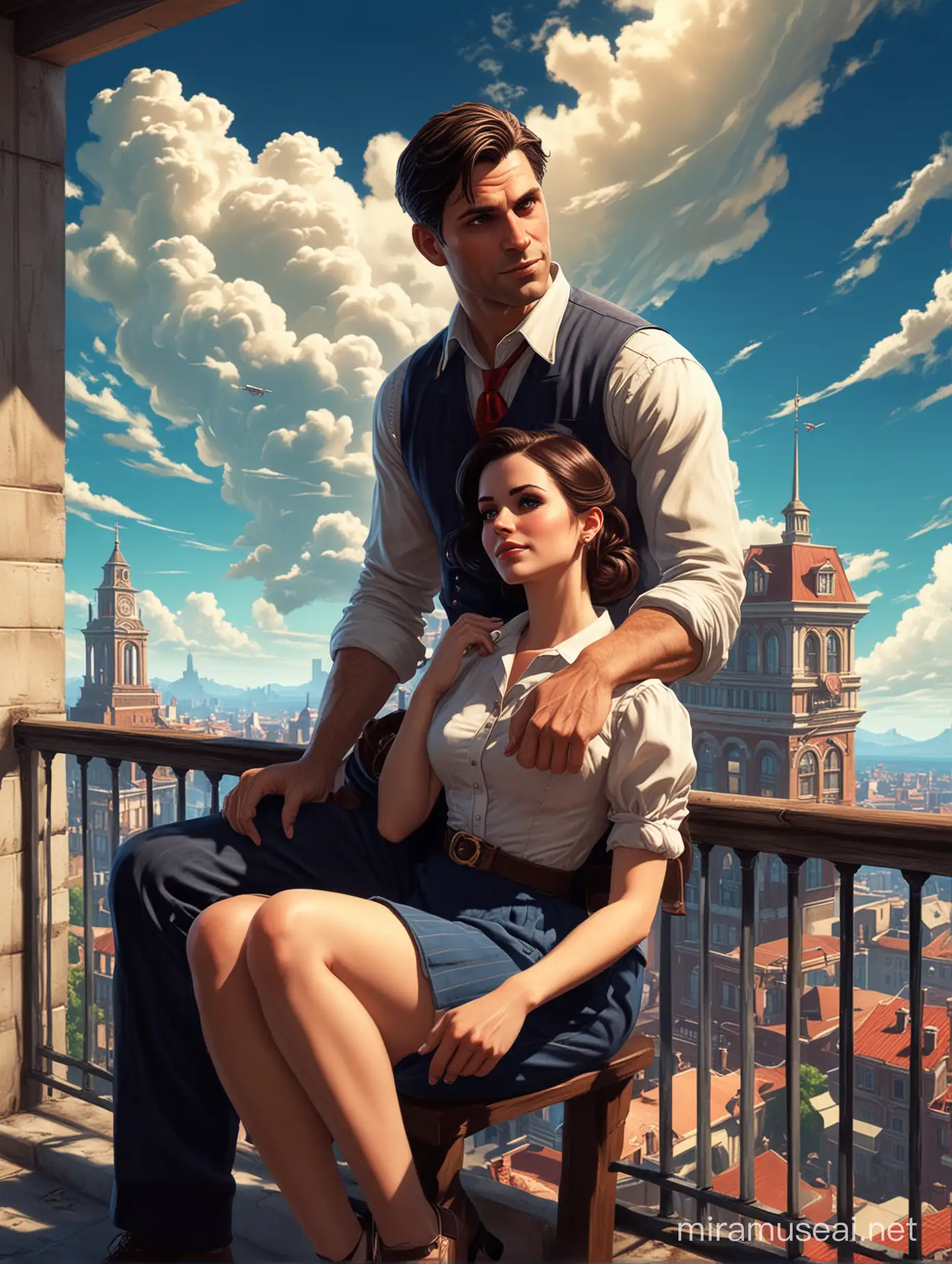 Booker Dewitt and Lana Del Rey Embrace on Columbia City Balcony Amidst Azure Clouds