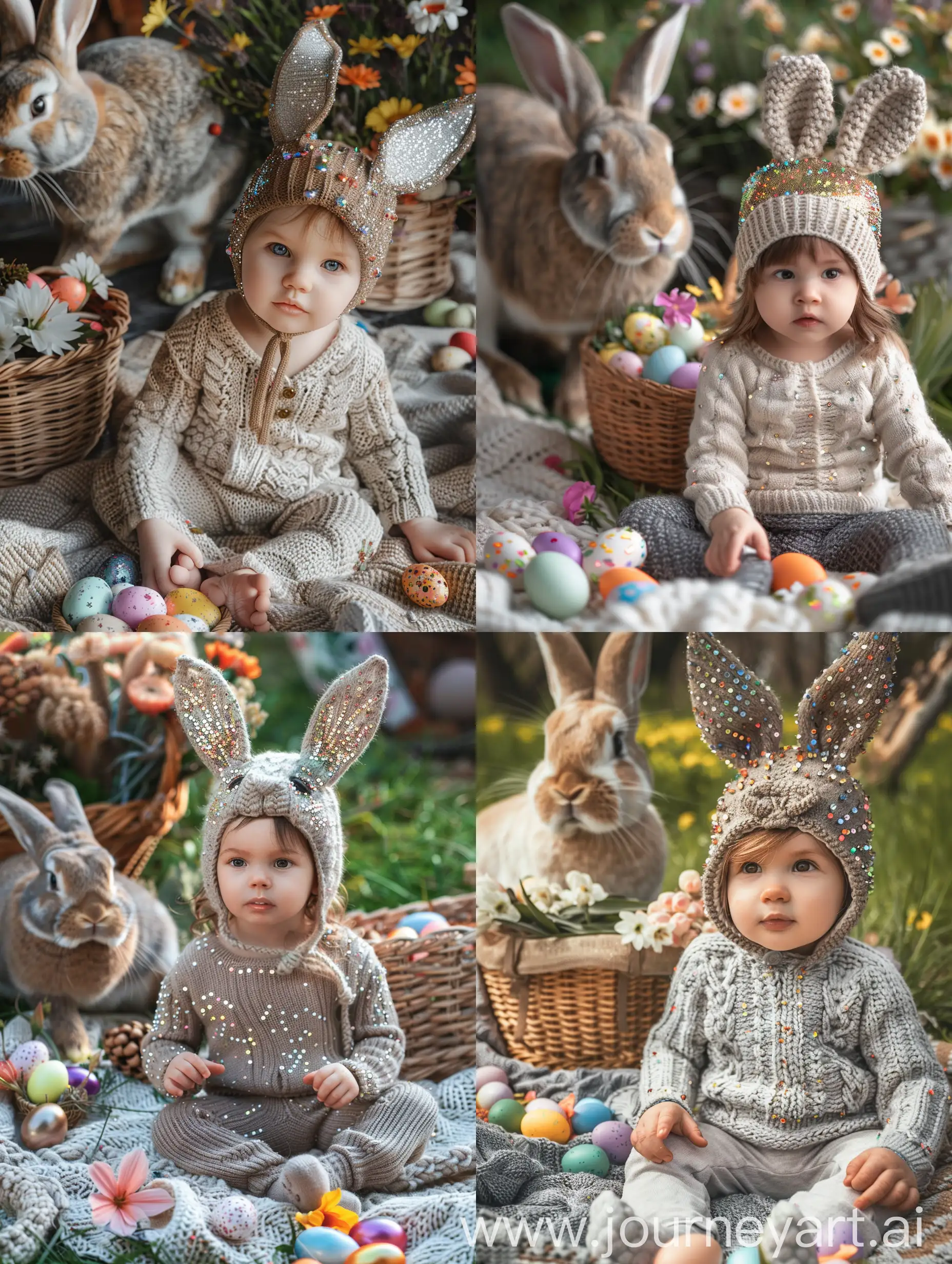 A small child in a cute knitted costume with sequins in a hat with knitted hare ears sits on a blanket , next to a live bunny and lay colorful Easter eggs, a basket of flowers, detail, the child's face looks into the camera directly close-up realistic 32k , professional photo, canon